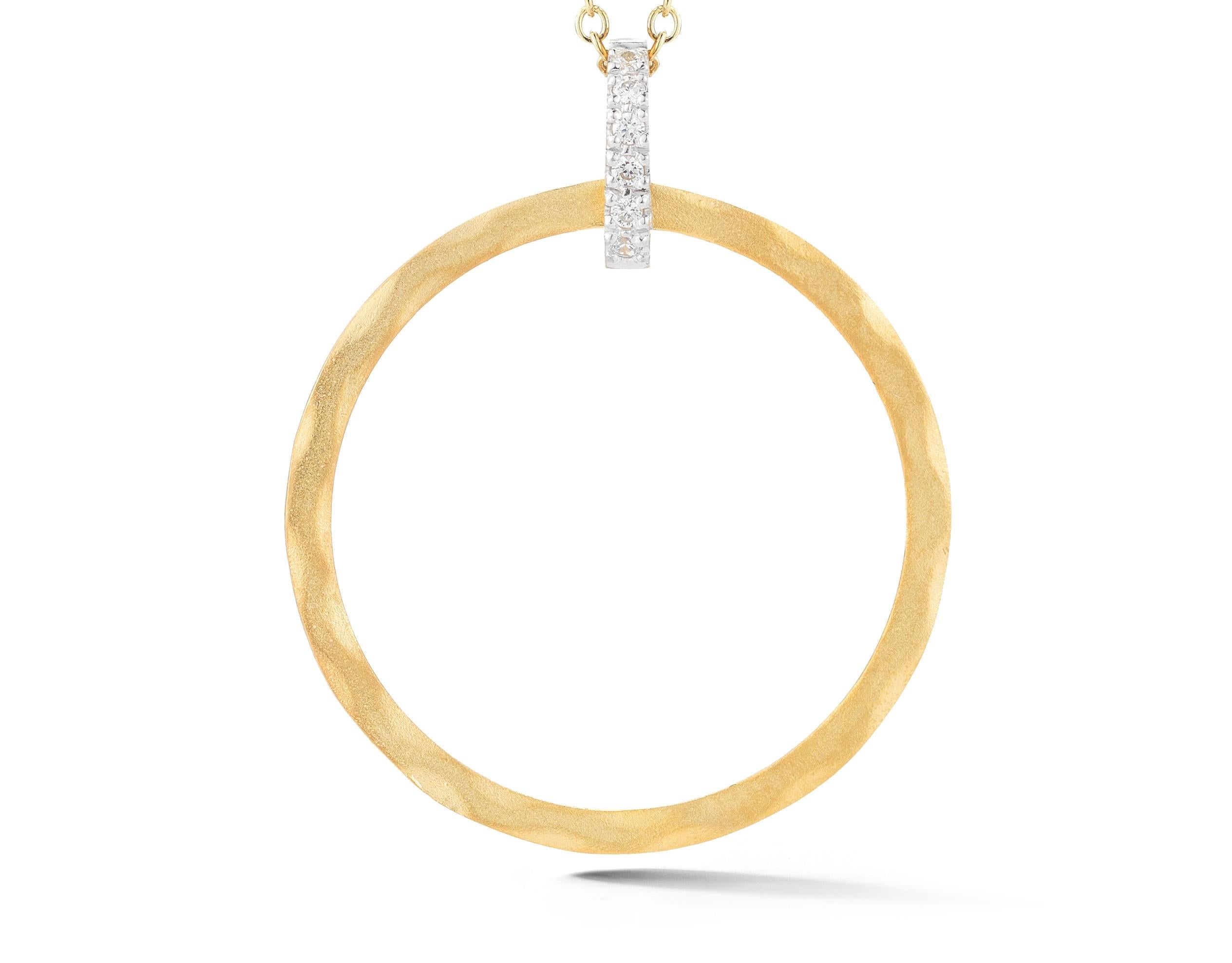 14 Karat Yellow Gold Hand-Crafted Matte and Hammer-Finished 25mm Open Circle Pendant, Accented with 0.06 Carats of Pave Set Diamonds, Sliding on a 16