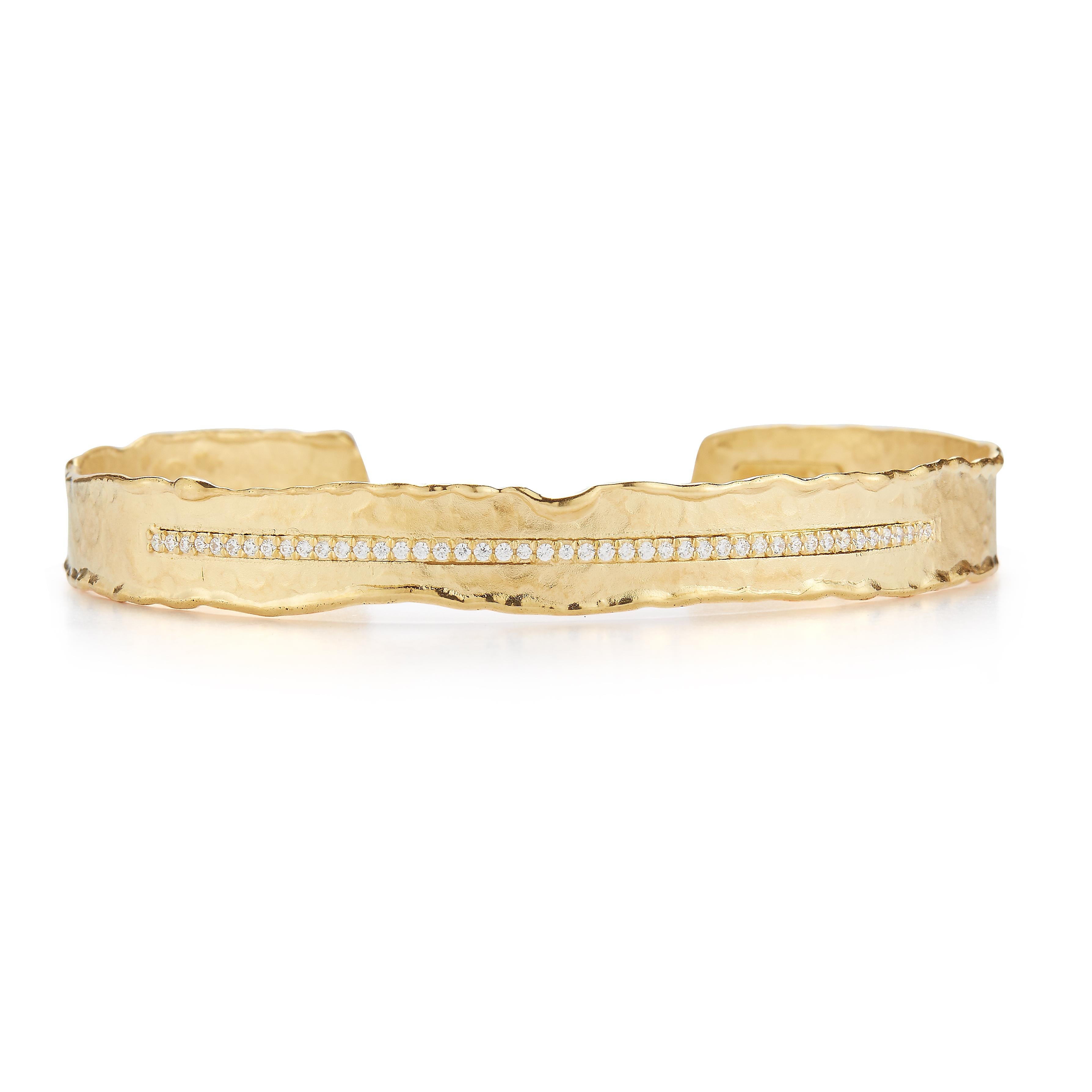 14 Karat Yellow Gold Hand-Crafted Matte and Hammer-Finished 8mm Ruffle-Edged Narrow Cuff Bracelet, Accented with 0.27 Carats of Pave Set Diamonds.
