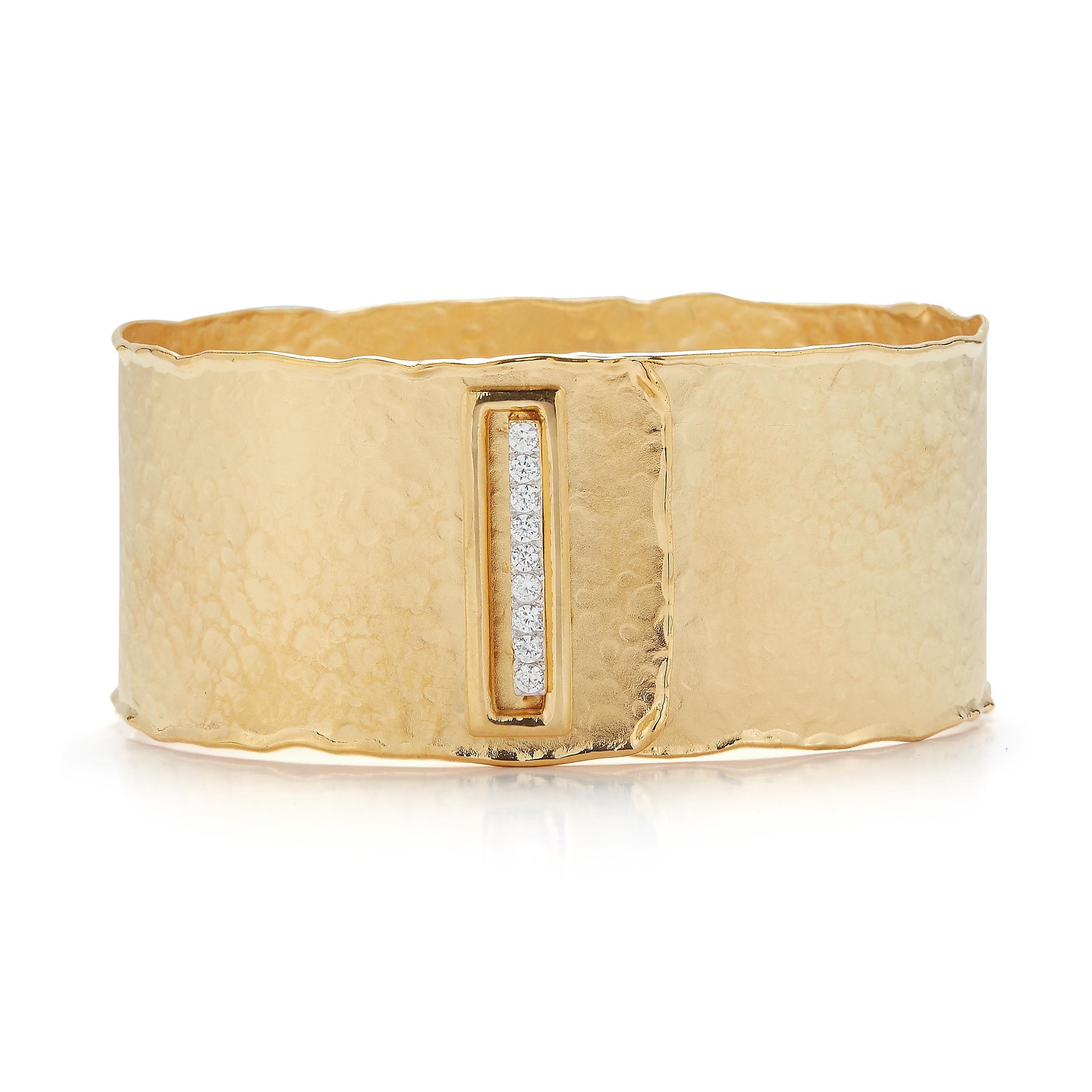 14 Karat Yellow Gold Hand-Crafted Matte and Hammer-Finished Scallop-Edged Cuff Bracelet, Enhanced with 0.36 Carats of a Pave Set Diamond Buckle Closure.
