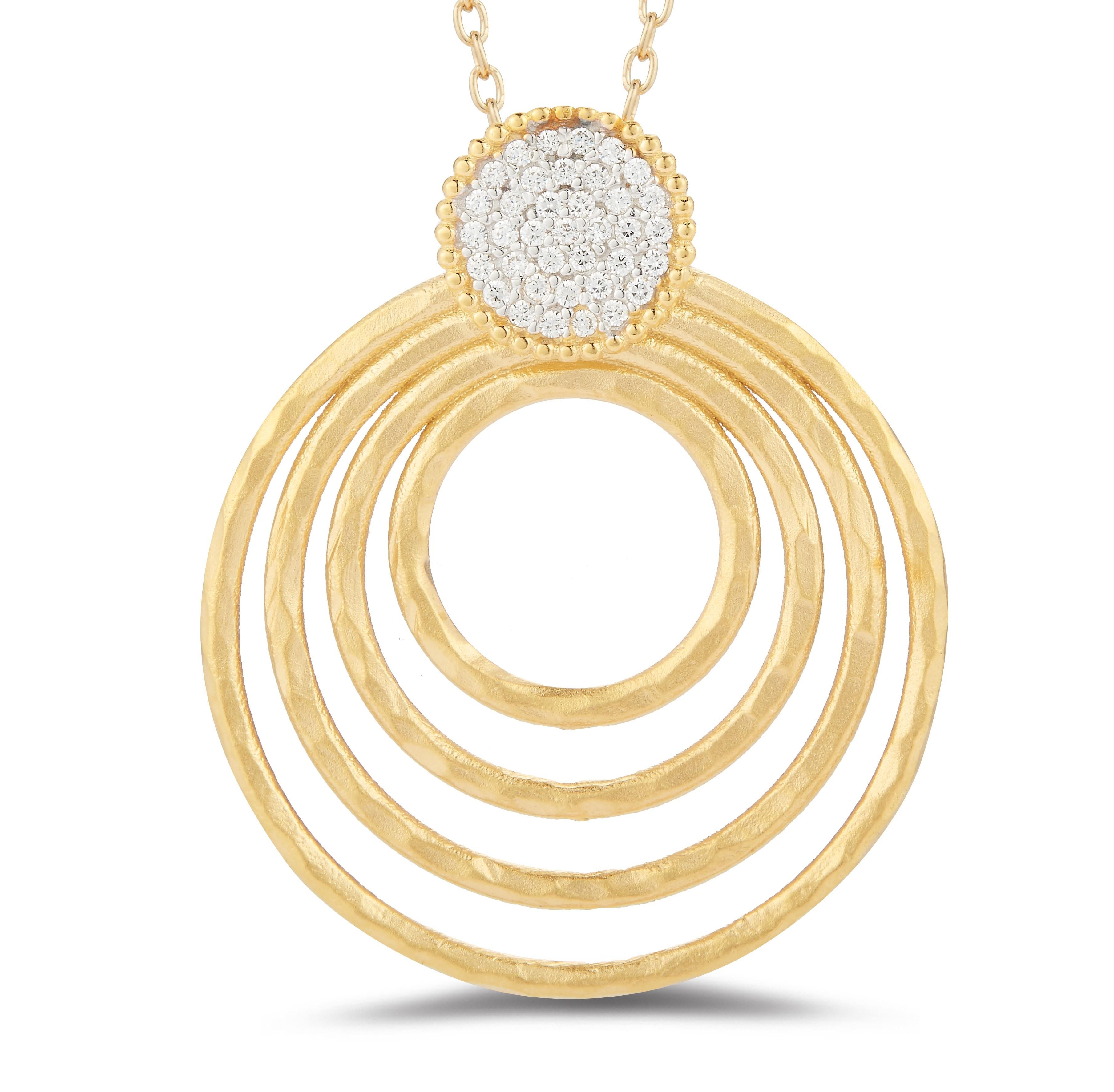 14 Karat Yellow Gold Hand-Crafted Matte and Hammer-Finished Four Cascading Circles Pendant, Accented with 0.22 Carats of a Pave Set Diamond Circle, Sliding on a 16