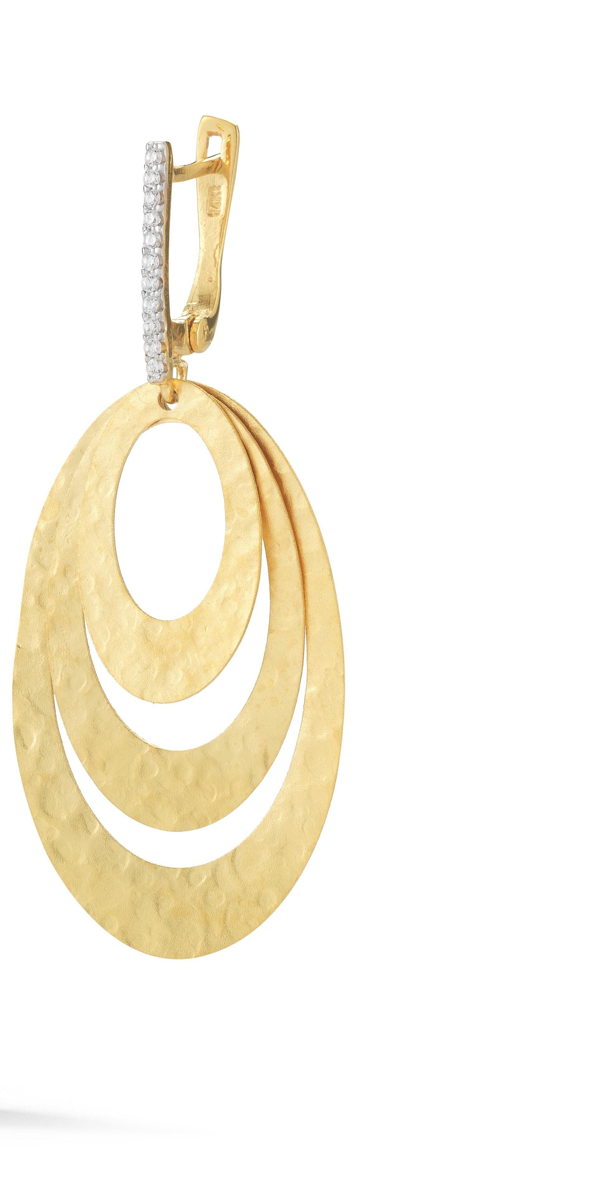 14 Karat Yellow Gold Hand-Crafted Matte and Hammer-Finished Concentric Oval-Shaped Earrings, Accented with 0.13 Carats of Pave Set Diamond Lever Back Bales.
