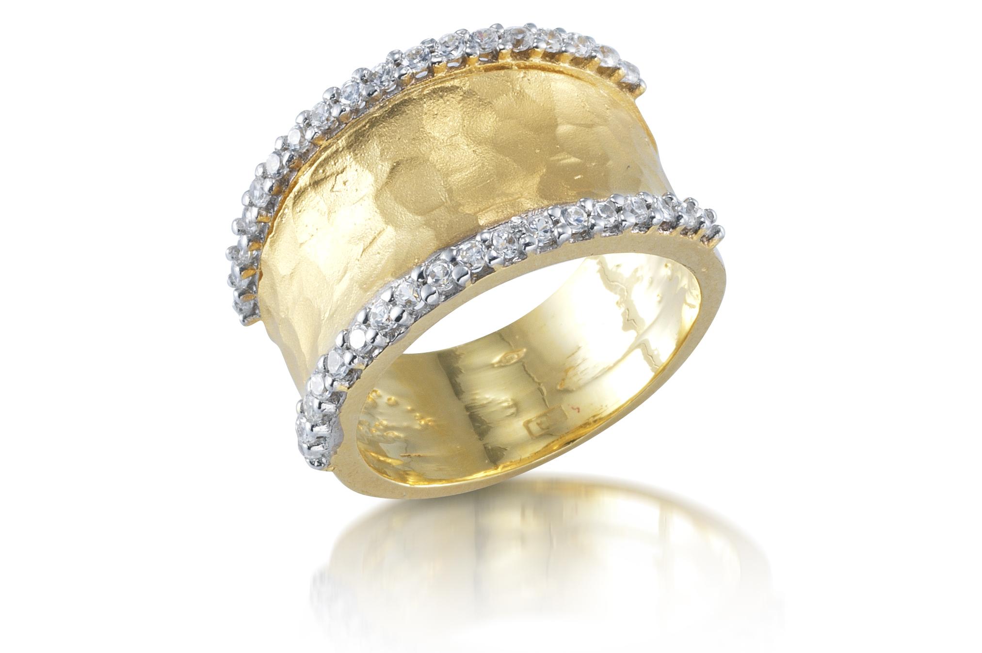 14 Karat Yellow Gold Hand-Crafted Matte and Hammer-Finished Cigar Ring, Enhanced with 0.43 Carats of Pave Set Diamonds.
