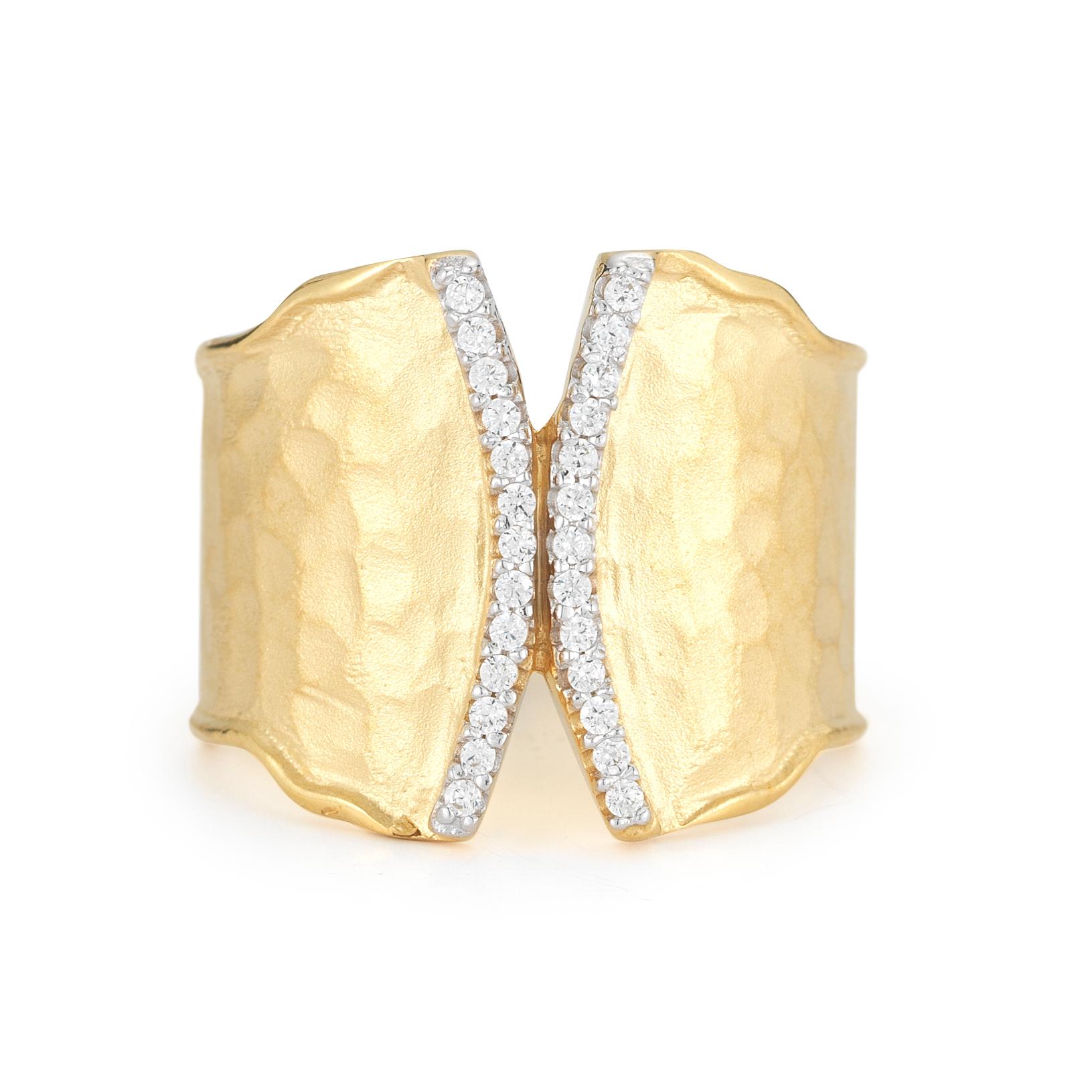 14 Karat Yellow Gold Hand-Crafted Matte and Hammer-Finished Scallop-Edged Ring, Enhanced with 0.18 Carats of Pave Set Diamonds.
