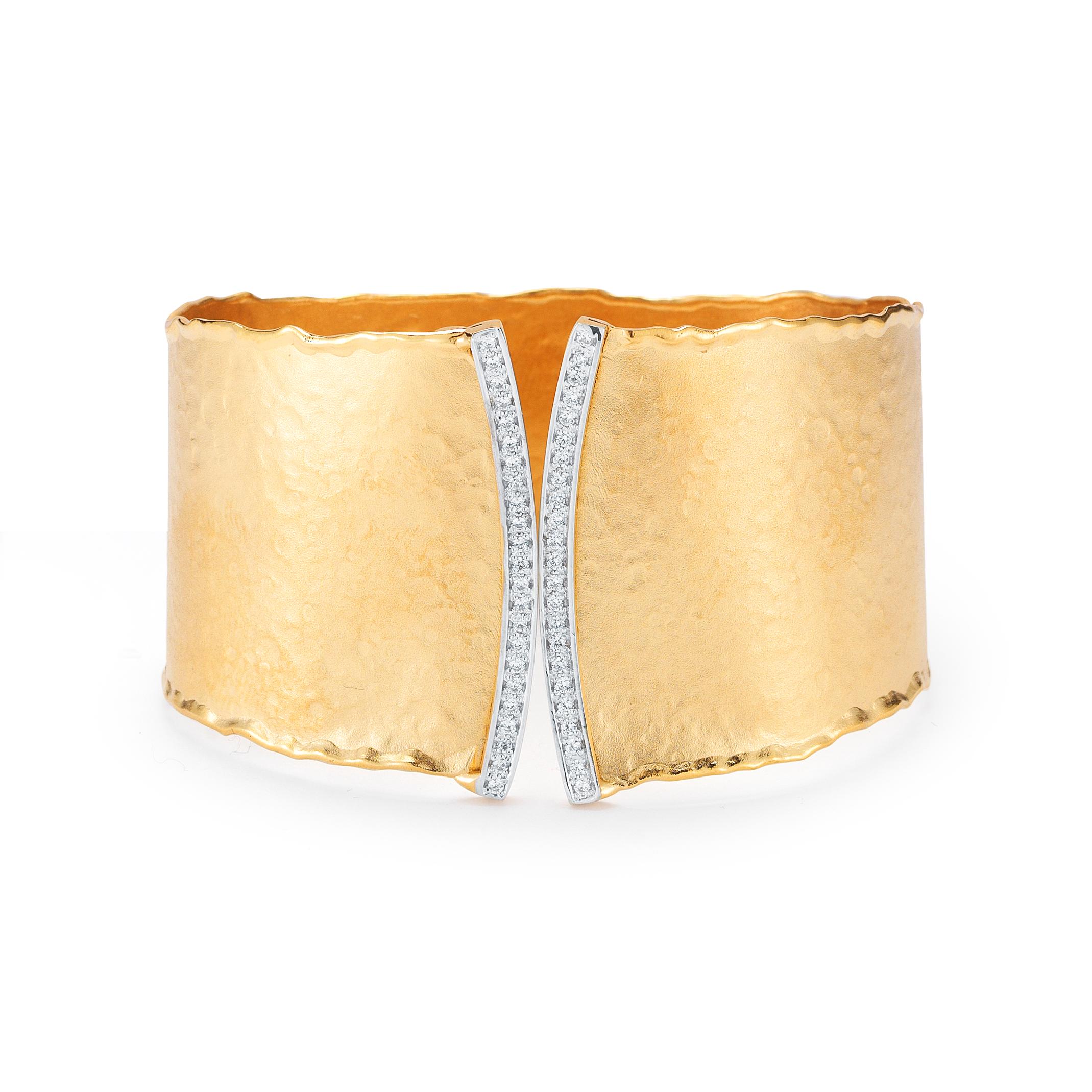 14 Karat Yellow Gold Hand-Crafted Matte and Hammer-Finished Scallop-Edged Cuff Bracelet, Enhanced with 0.57 Carat of Pave Set Curved Diamond Bars.
