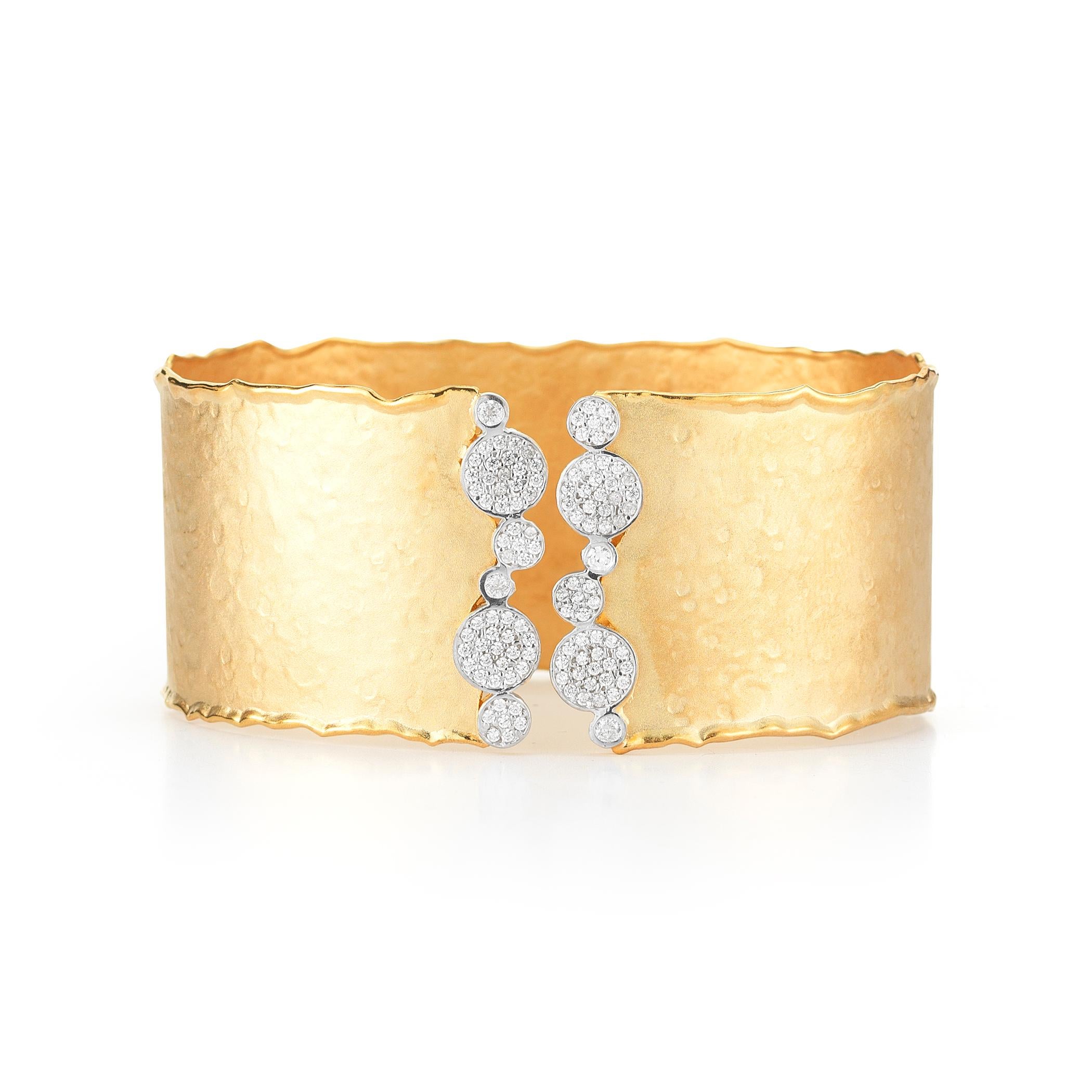 14 Karat Yellow Gold Hand-Crafted Matte and Hammer-Finished Scallop-Edged Cuff Bracelet, Enhanced with 0.80 Carats of Pave Set Diamond Circles.
