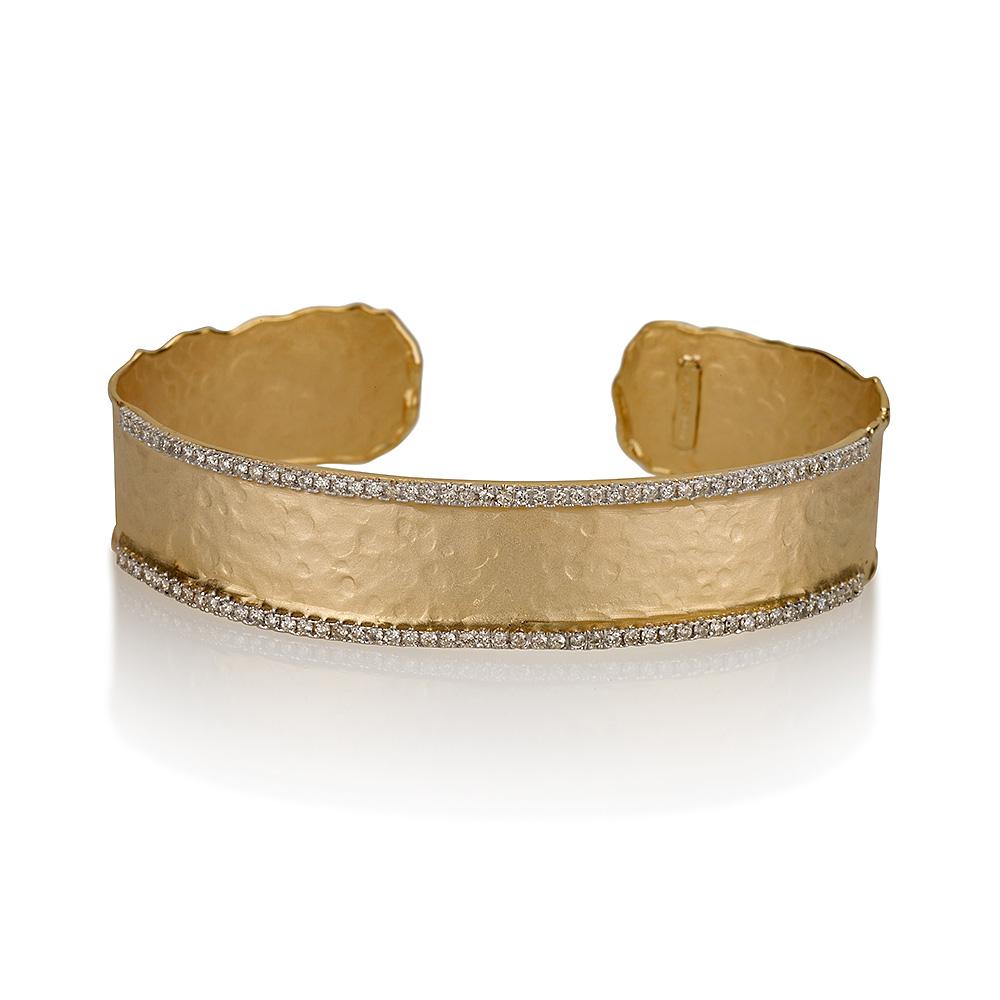 14 Karat Yellow Gold Hand-Crafted Matte and Hammer-Finished Narrow Cuff Bracelet, Accented with 0.81 Carat of Pave Set Diamonds.
