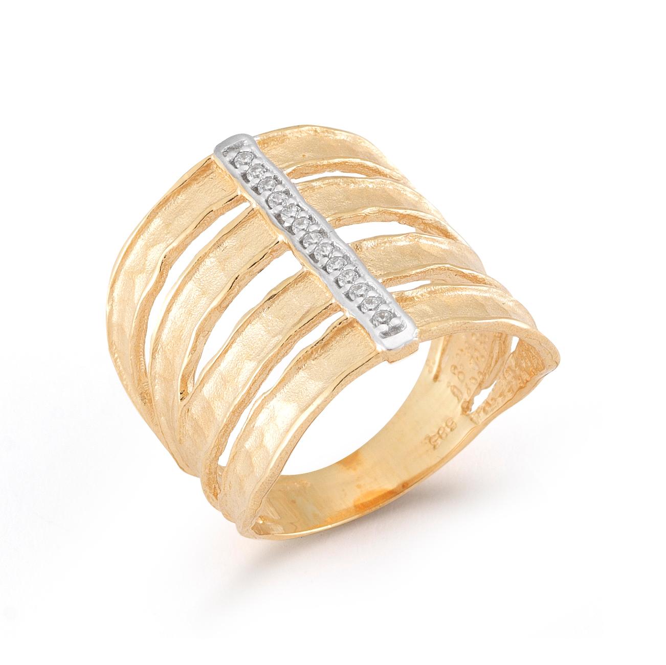 14 Karat Yellow Gold Hand-Crafted Matte and Hammer-Finished Scallop-Edged Cut-Out Ring, Accented with 0.08 Carat of Pave Set Diamonds.
