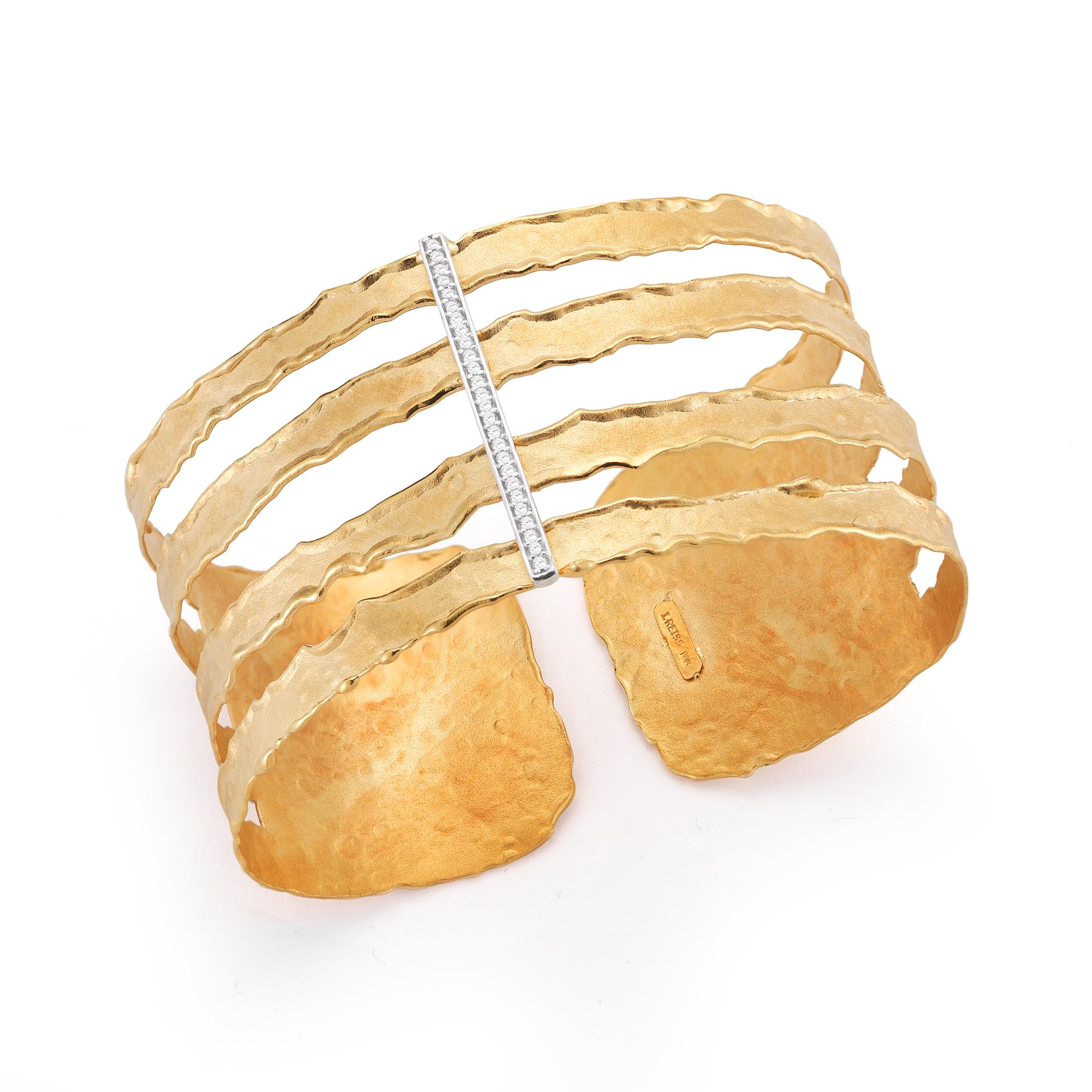 14 Karat Yellow Gold Hand-Crafted Matte and Hammer-Finished Ruffle-Edged Cut-Out Cuff Bracelet, Enhanced with 0.16 Carats of a Pave Set Diamond Bar.
