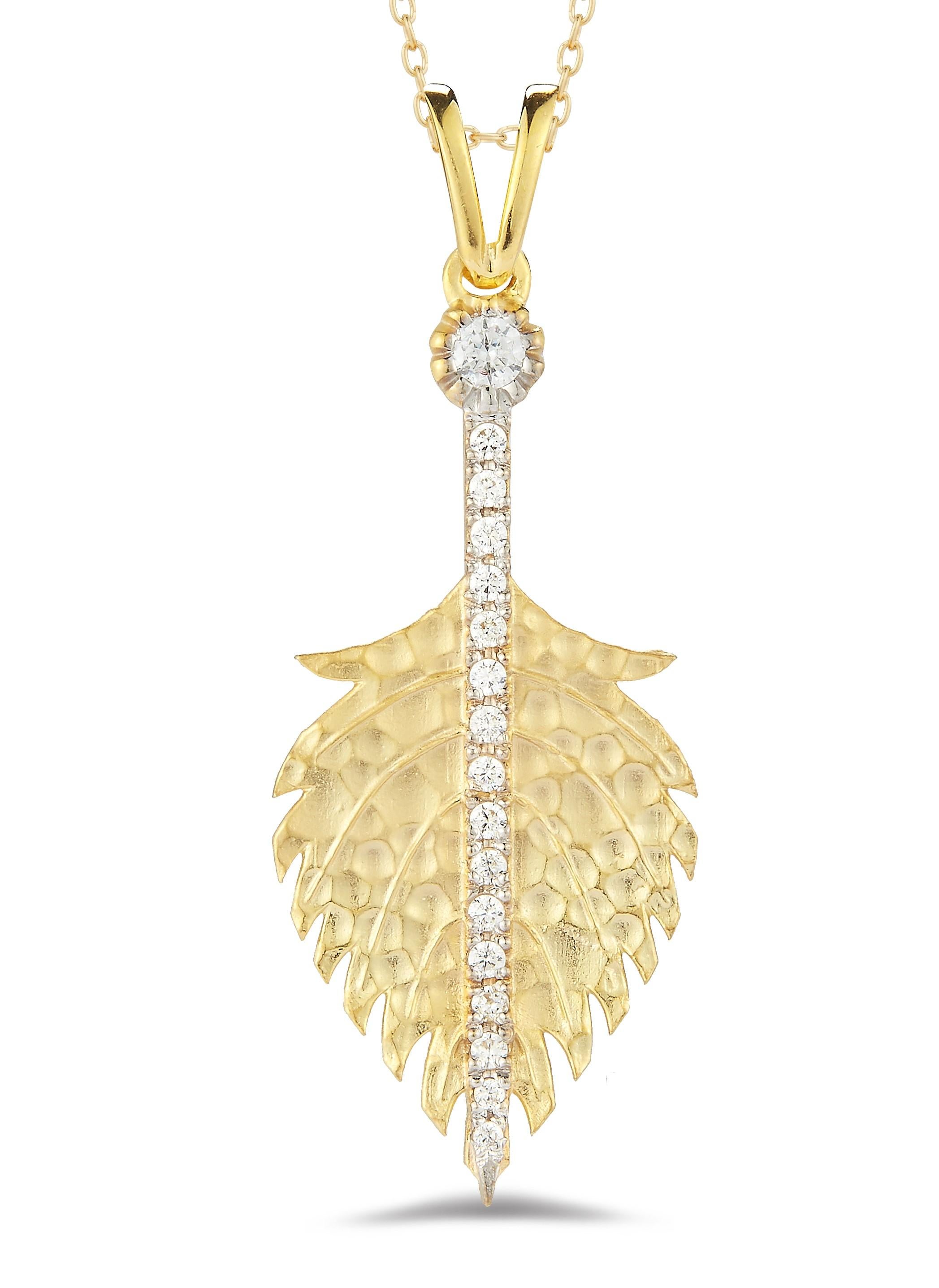 14 Karat Yellow Gold Hand-Crafted Matte and Hammer-Finished Feather Pendant, Accented with 0.14 Carats of Pave Set Diamonds, Sliding on a 16
