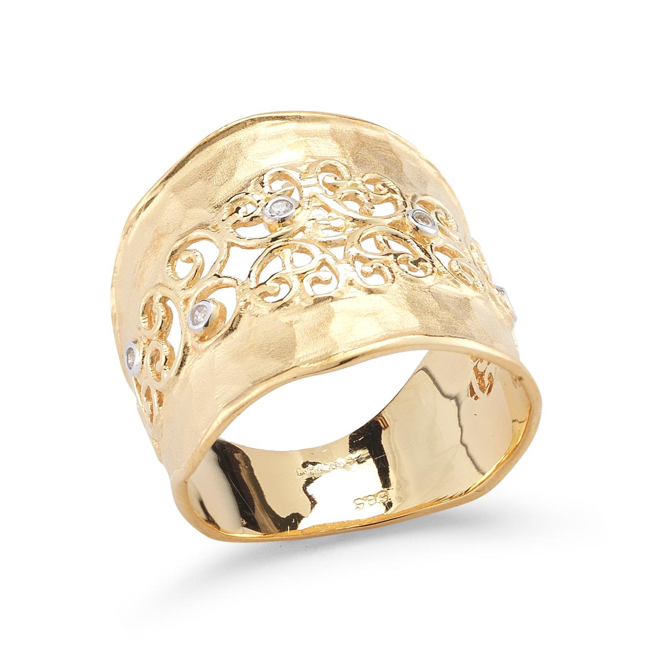 14 Karat Yellow Gold Matte and Hammer-Finished Scallop-Edged Filigree Cigar Ring, Accented with 0.05 Carats of Bezel Set Diamonds.
