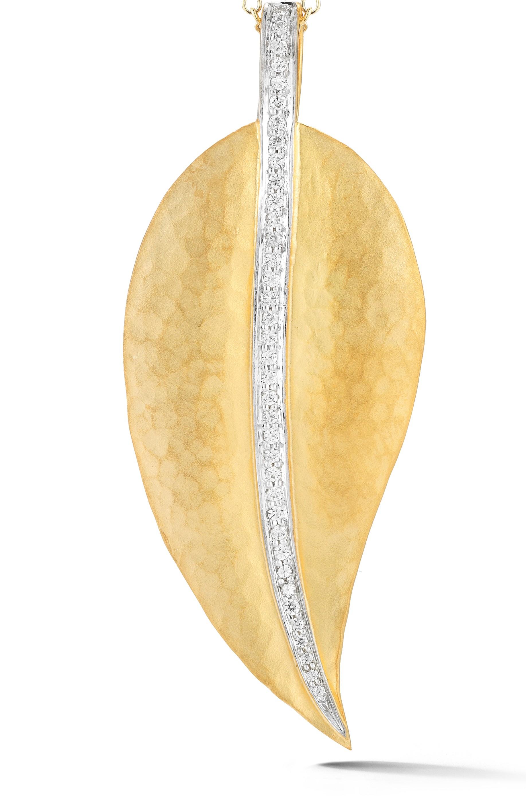 14 Karat Yellow Gold Hand-Crafted Matte and Hammer-Finished Leaf Pendant, Enhanced with 0.27 Carats of Pave Set Diamonds, Sliding on a 16