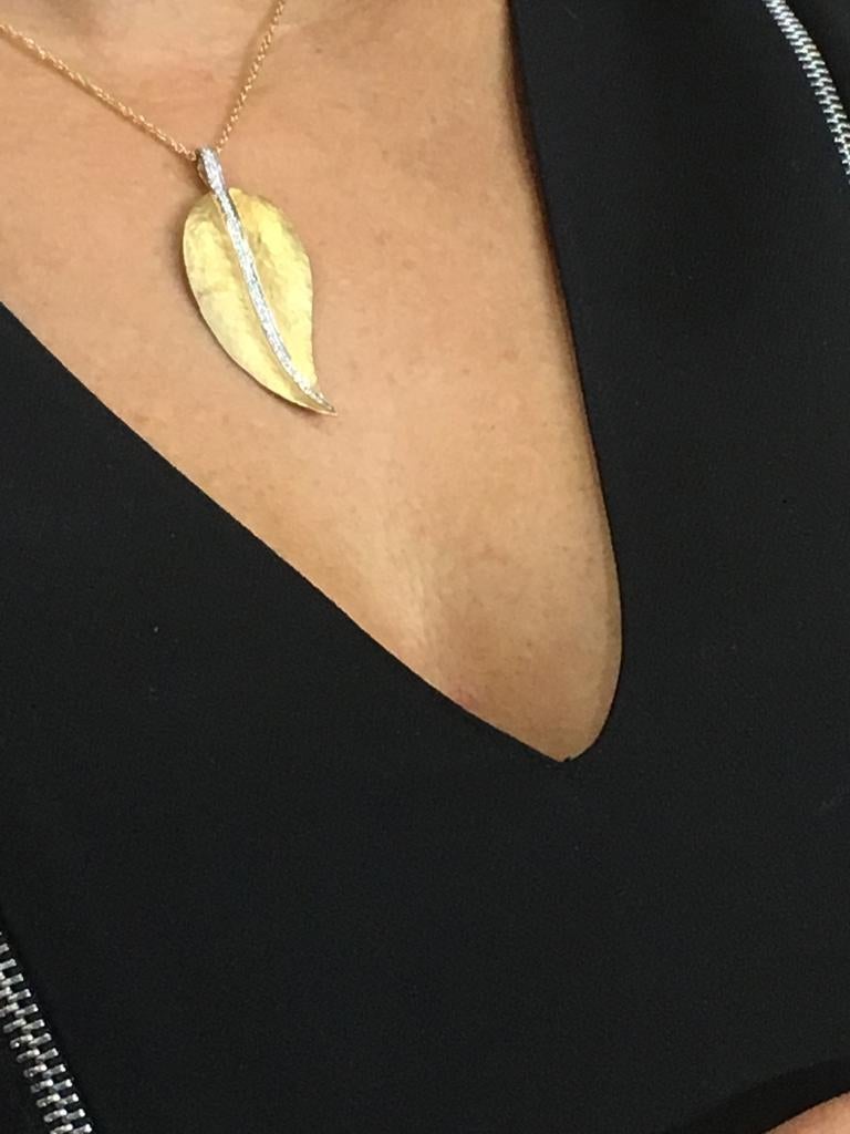 Round Cut Handcrafted 14 Karat Yellow Gold Hammered Leaf Pendant, Accented with Diamonds For Sale
