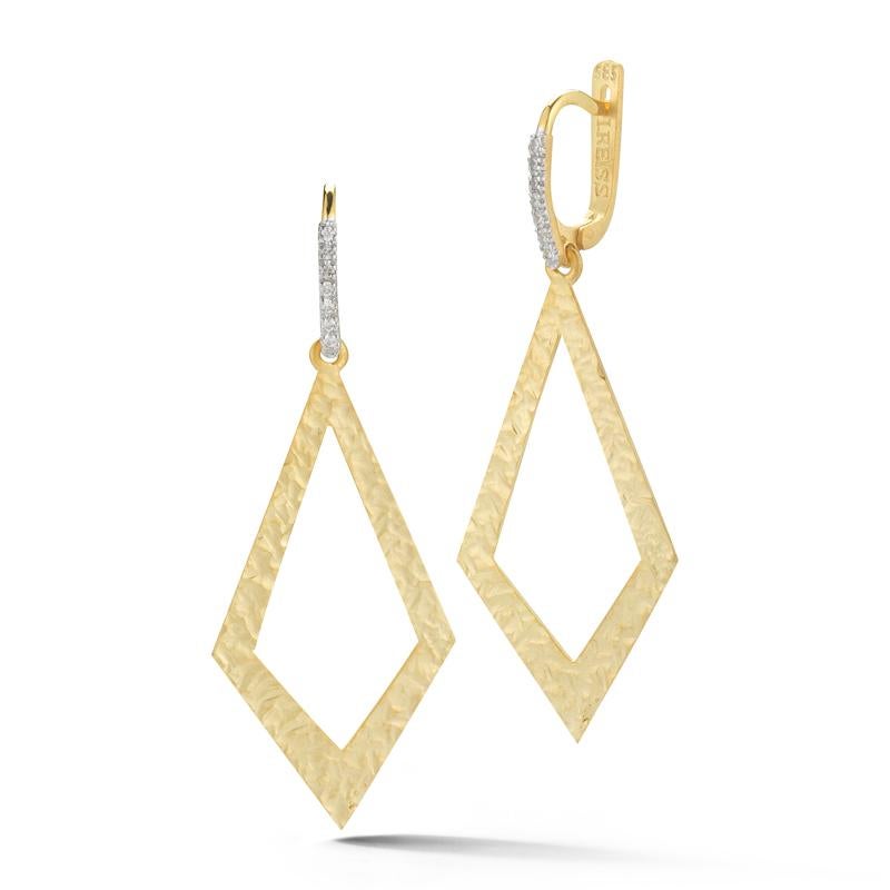 Handcrafted 14 Karat Yellow Gold Hammered Open Diamond Dangling Earrings In New Condition For Sale In Great Neck, NY