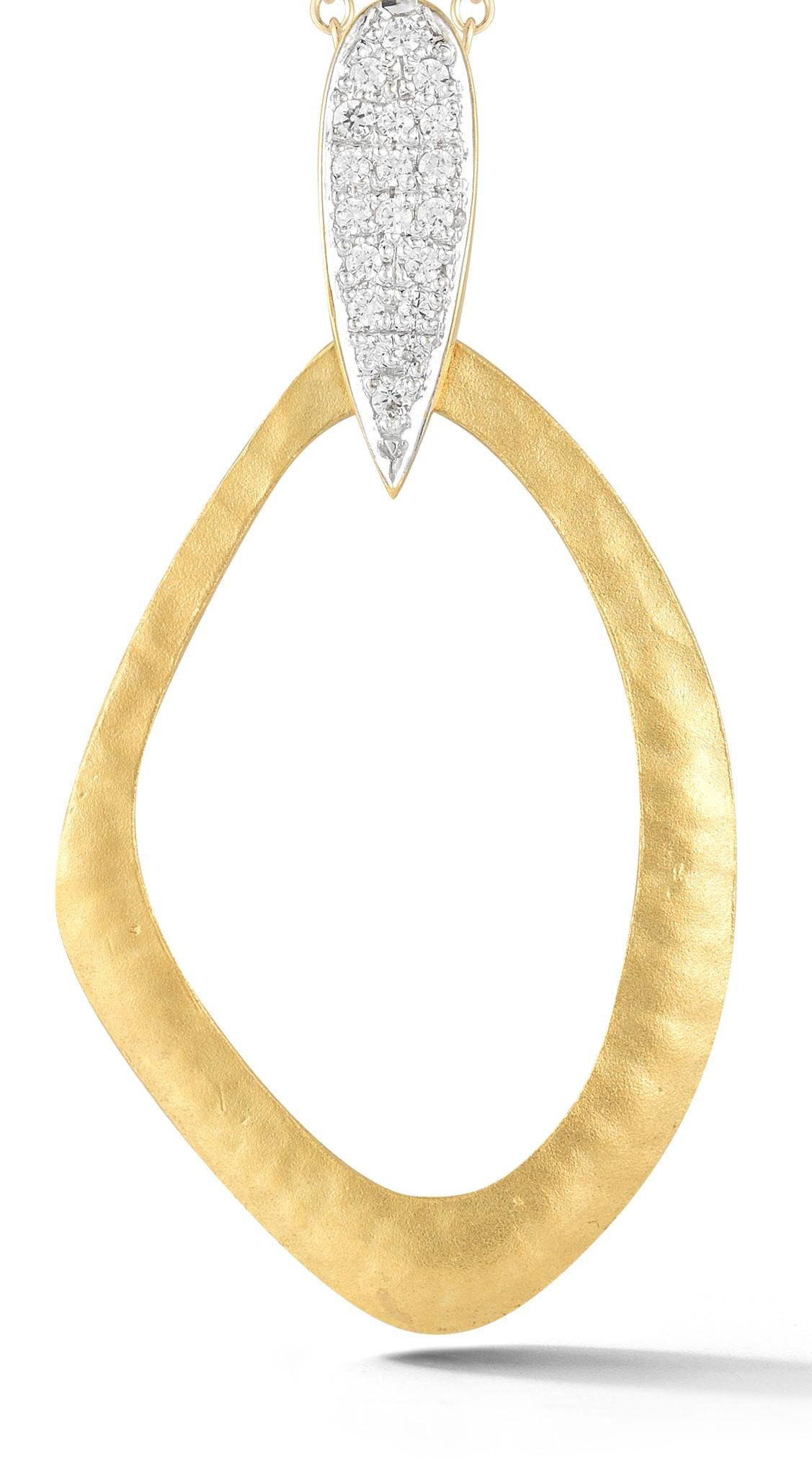 14 Karat Yellow Gold Hand-Crafted Matte and Hammer-Finished Open Free-Form Pendant, Accented with 0.15 Carats Of a Pave Set Diamond Tear-Drop Bail, Sliding on a 16
