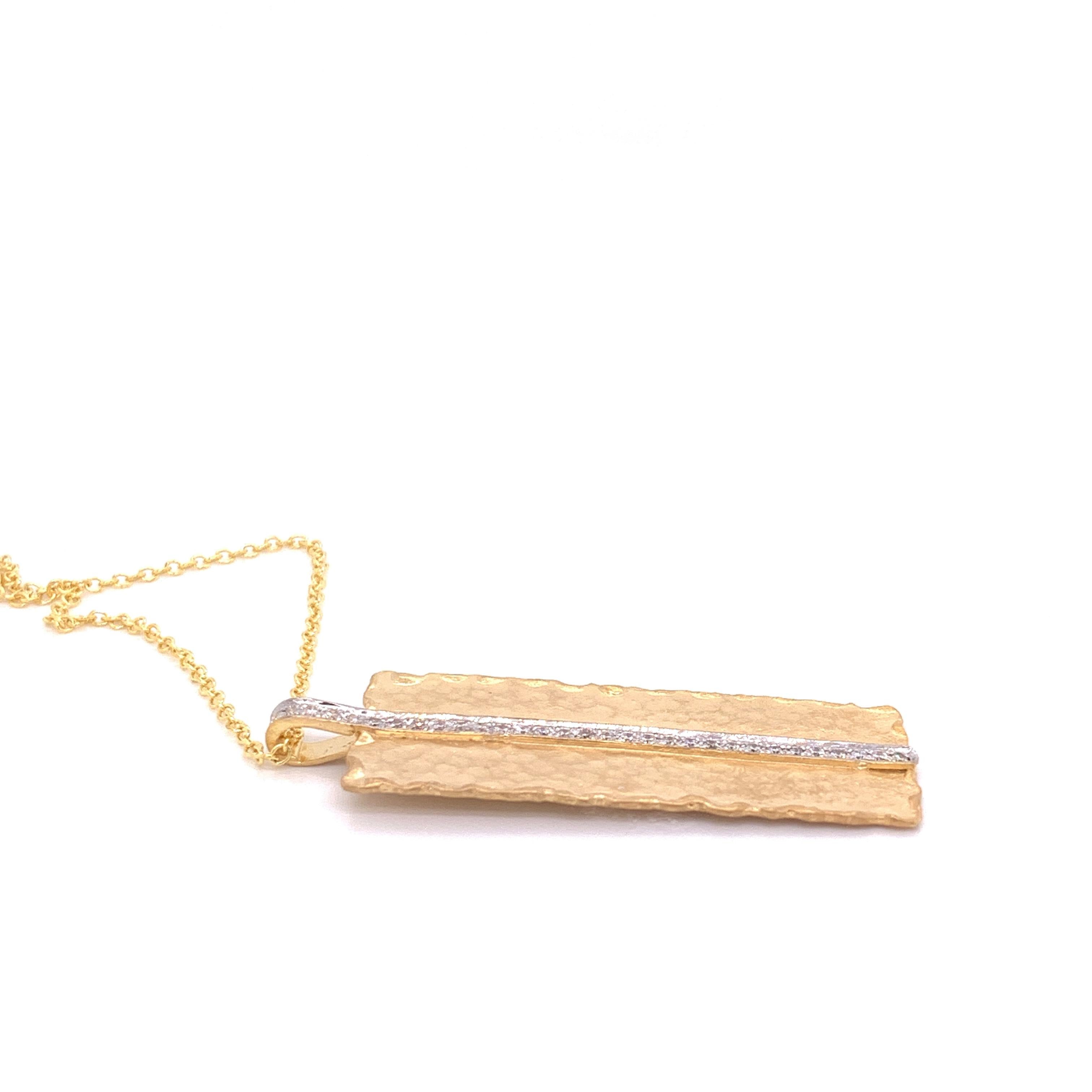 14 Karat Yellow Gold Hand-Crafted Matte and Hammer-Finished Ruffled Rectangular Pendant, Accented with 0.23 Carats of Pave Set Diamonds, Sliding on a 16