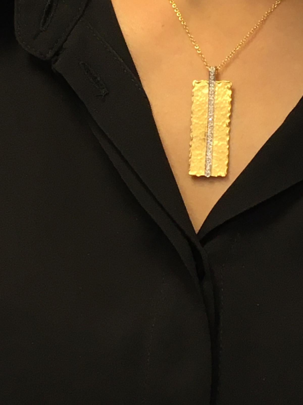 Round Cut Handcrafted 14 Karat Yellow Gold Hammered Rectangular-Shaped Pendant For Sale