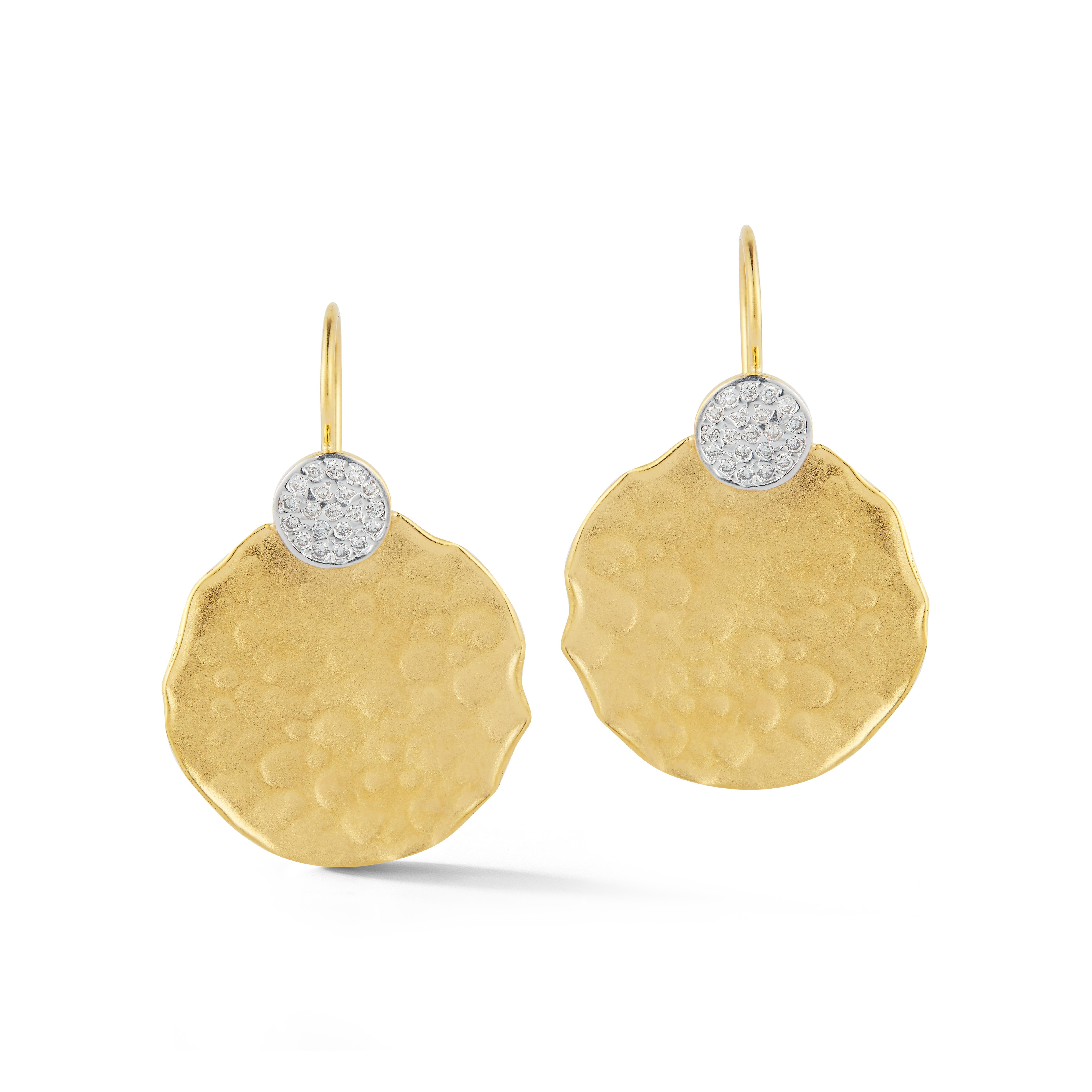 14 Karat Yellow Gold Hand-Crafted Matte and Hammer-Finished Scallop-Edged Round-Shaped Earrings, Enhanced with 0.24 Carats of Pave Set Diamonds on a Secured French Wire Backfinding.
