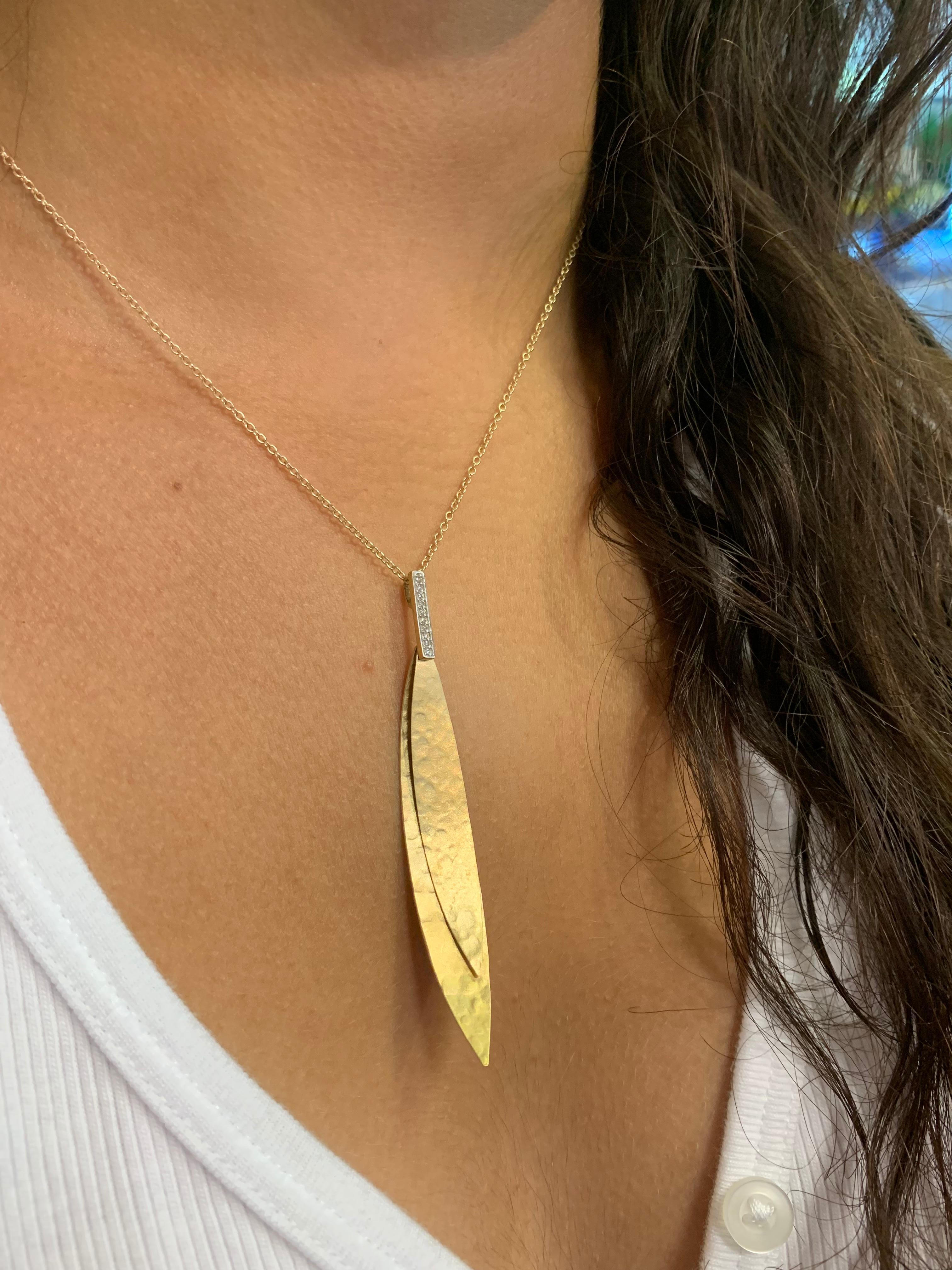 Handcrafted 14 Karat Yellow Gold Hammered Stacked Small and Large Leaf Pendant In New Condition In Great Neck, NY