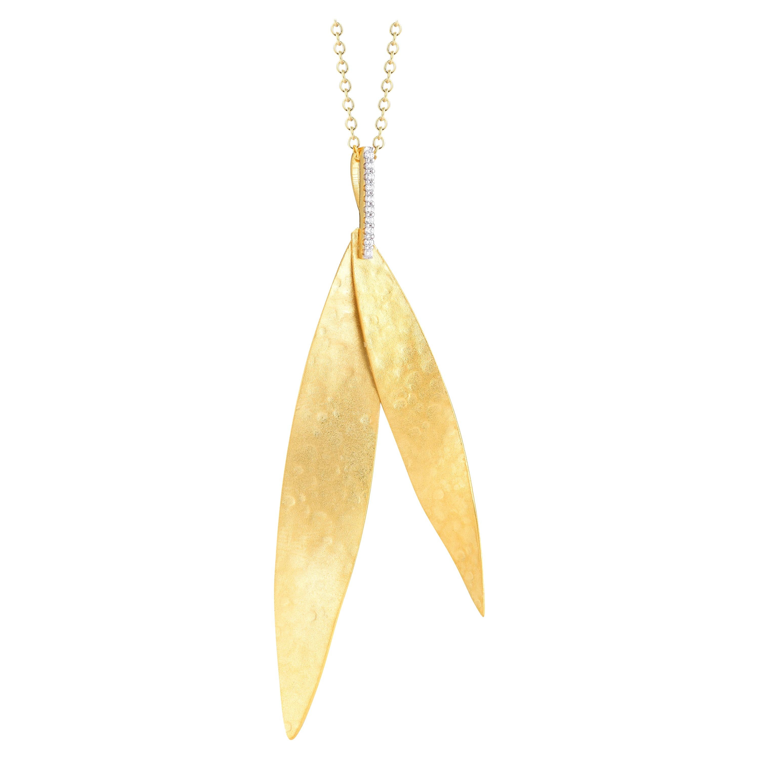 Handcrafted 14 Karat Yellow Gold Hammered Stacked Small and Large Leaf Pendant