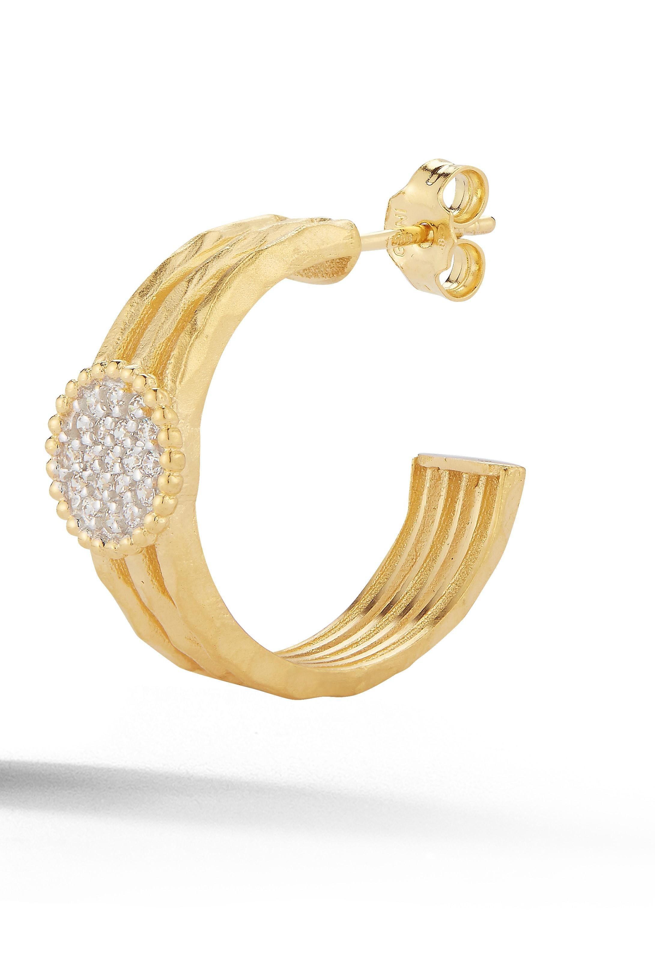 14 Karat Yellow Gold Hand-Crafted Matte and Hammer-Finished Strand Hoop Earrings, Accented with 0.23 Carats of Pave Set Diamond Circles.
