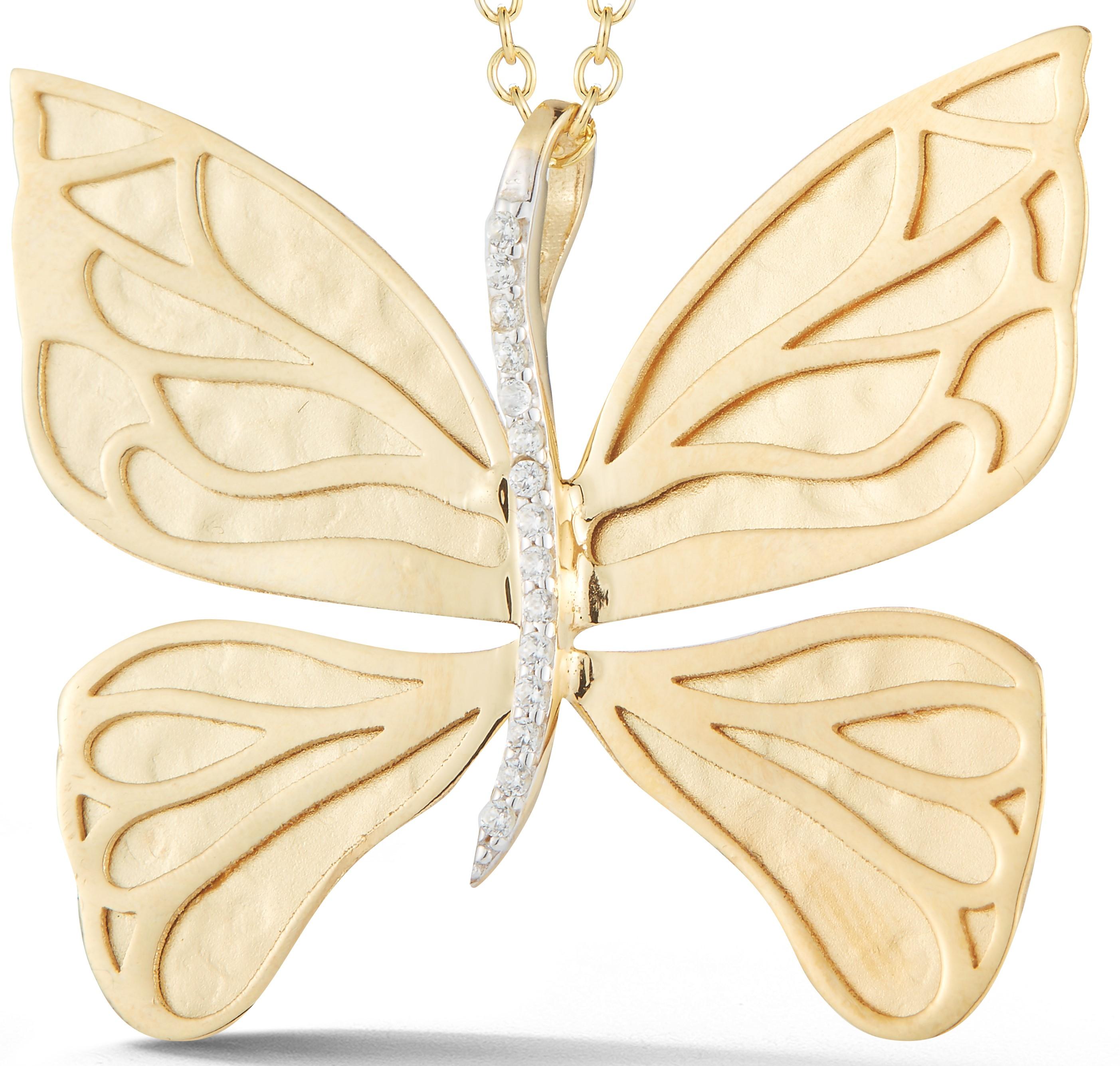 14 Karat Yellow Gold Hand-Crafted Matte and Polish-Finished Butterfly Pendant, Accented with 0.09 Carats of Pave Set Diamonds, Sliding on a 16