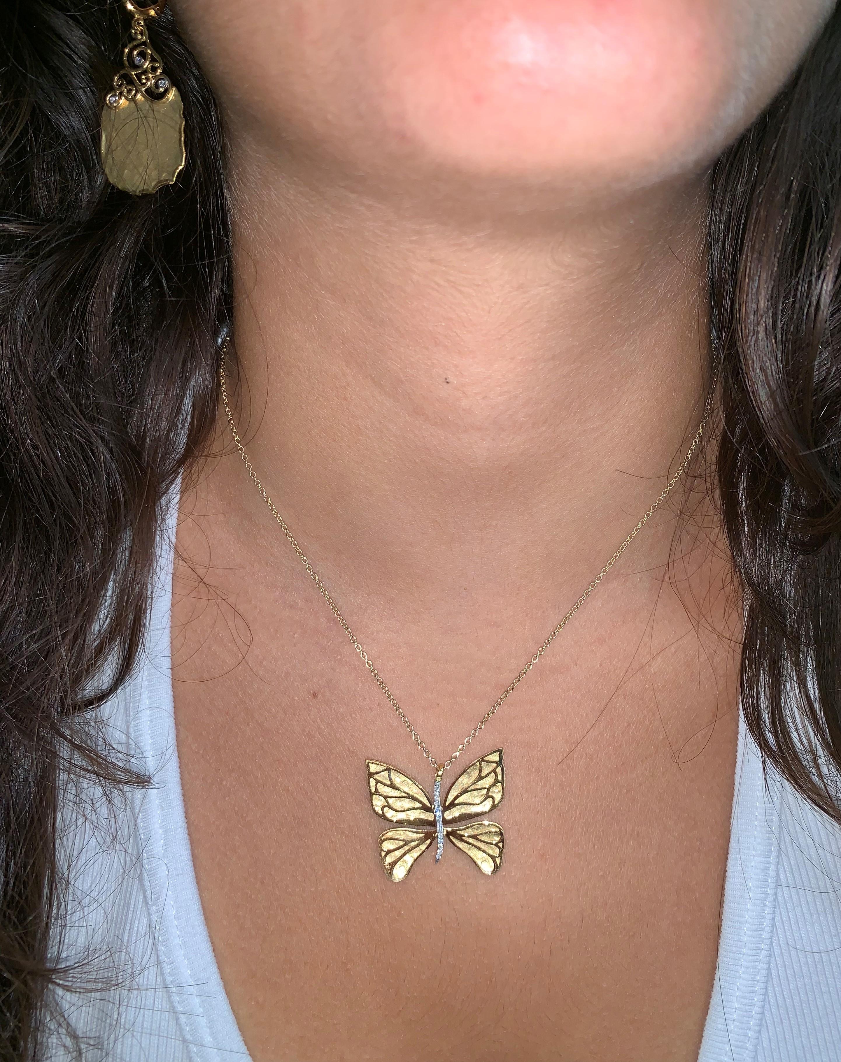 Handcrafted 14 Karat Yellow Gold Matt and Polish-Finished Butterfly Pendant In New Condition For Sale In Great Neck, NY