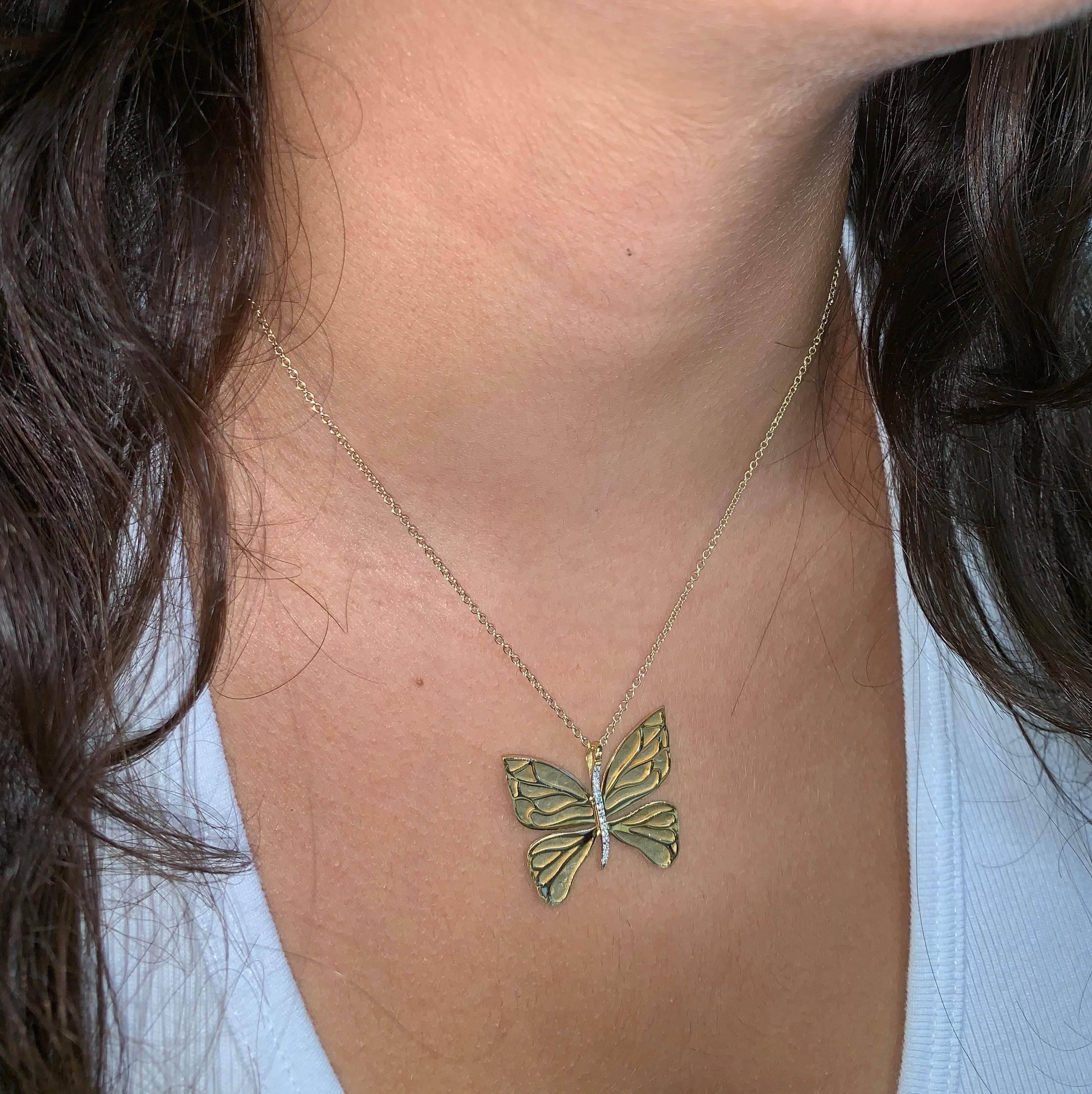 Women's Handcrafted 14 Karat Yellow Gold Matt and Polish-Finished Butterfly Pendant For Sale