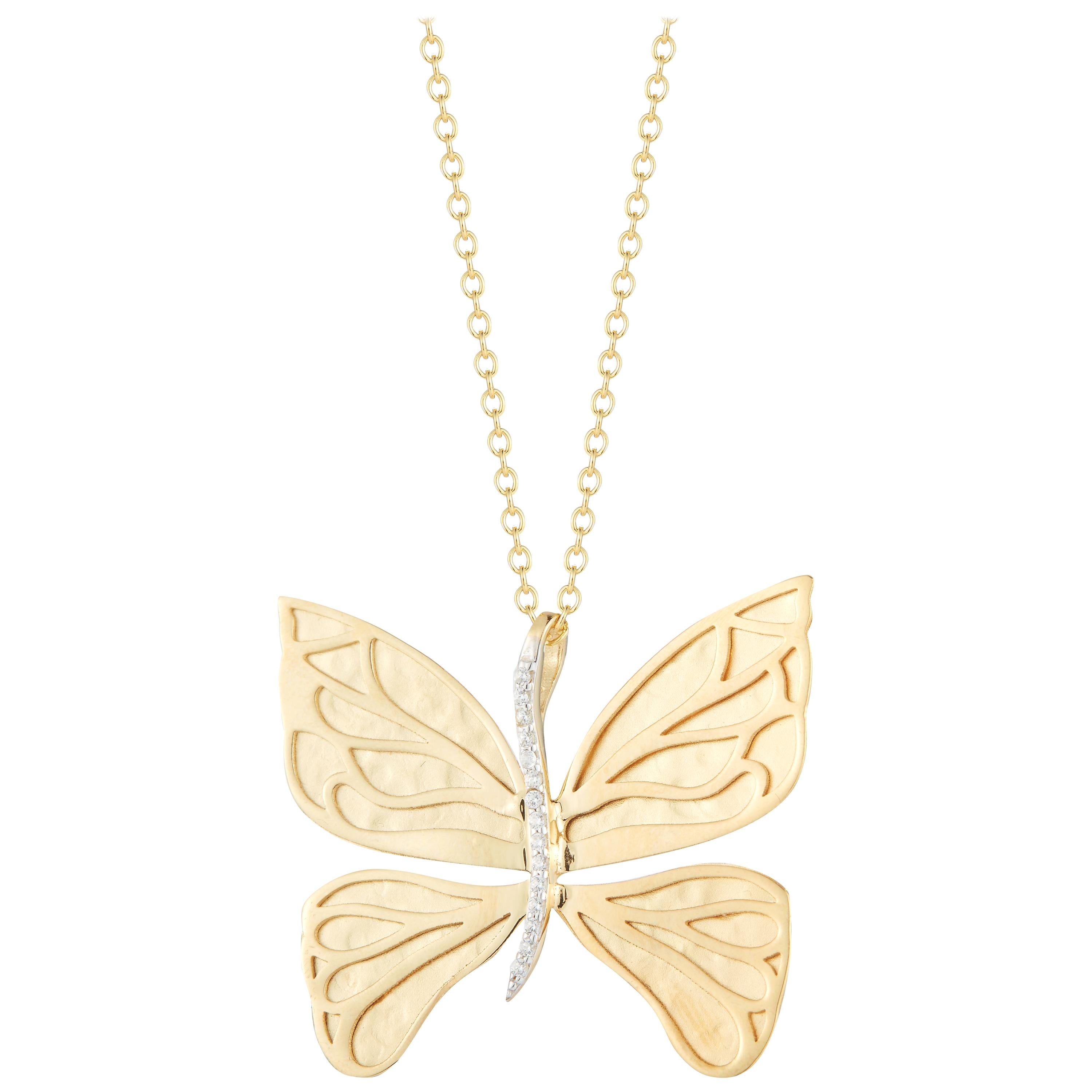 Handcrafted 14 Karat Yellow Gold Matt and Polish-Finished Butterfly Pendant For Sale