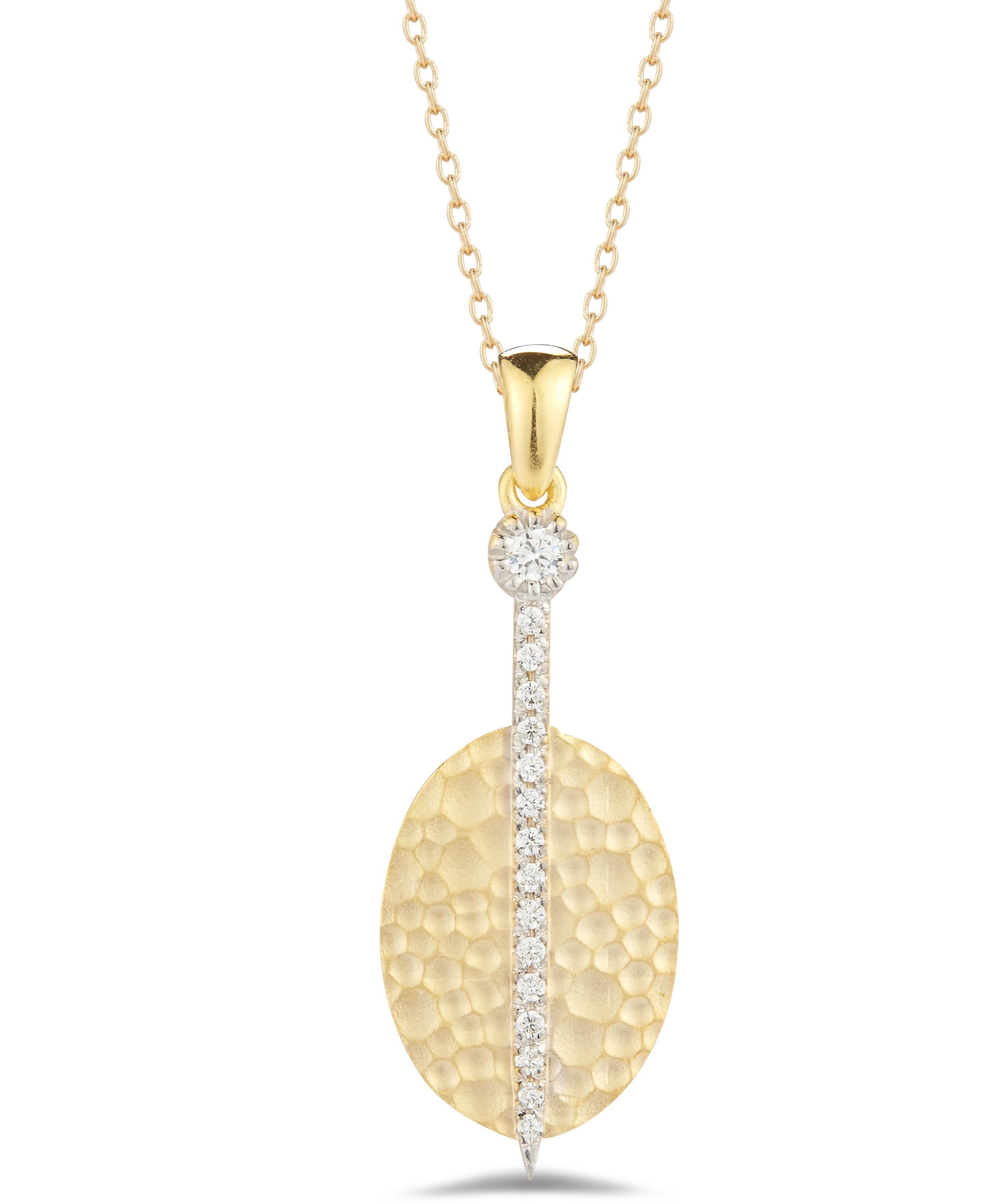 14 Karat Yellow Gold Hand-Crafted Matte and Hammer-Finished Oval-Shaped Pendant, Accented with 0.13 Carat of Pave Set Diamonds, Sliding on a 16