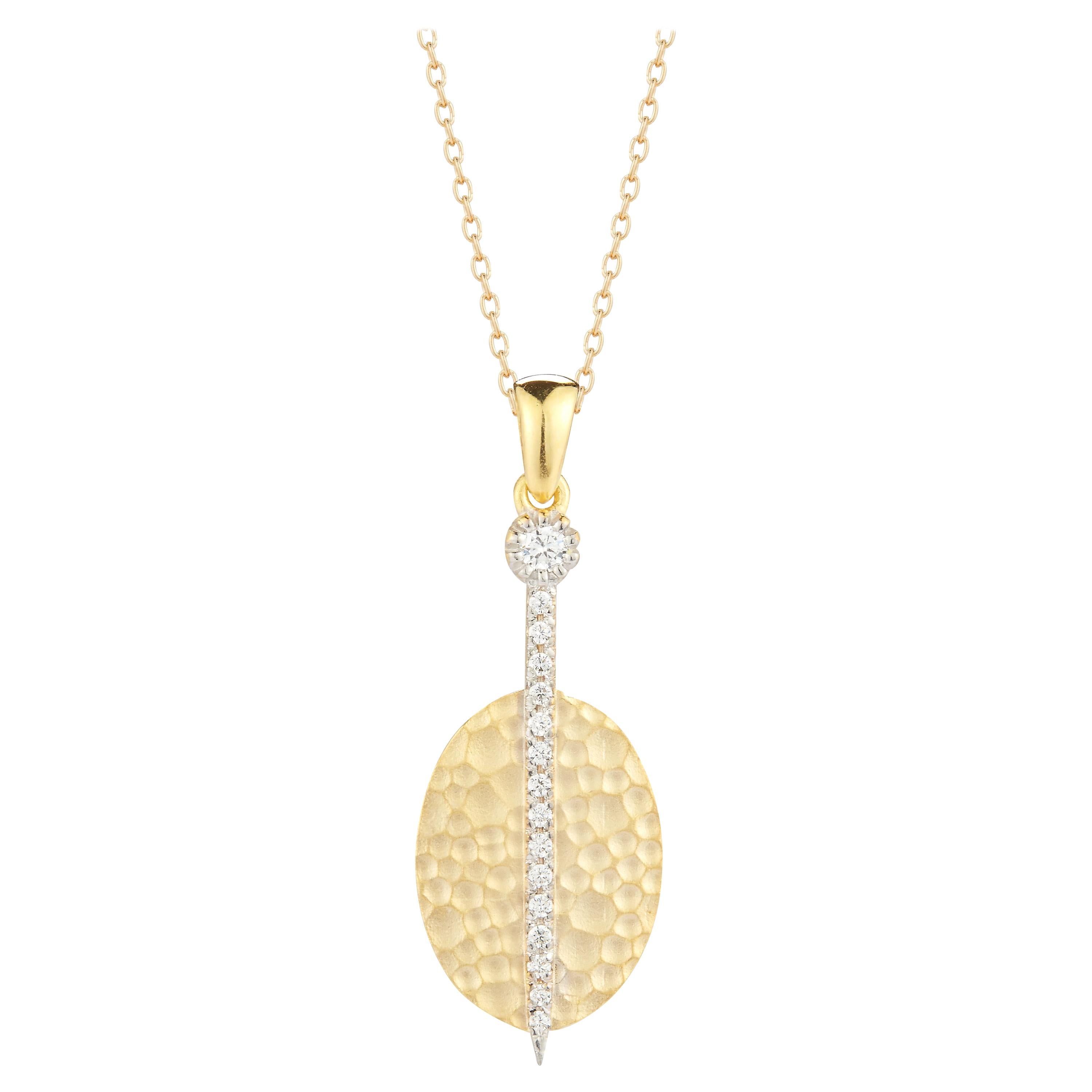 Hand-Crafted 14 Karat Yellow Gold Matte and Hammer-Finished Oval Pendant