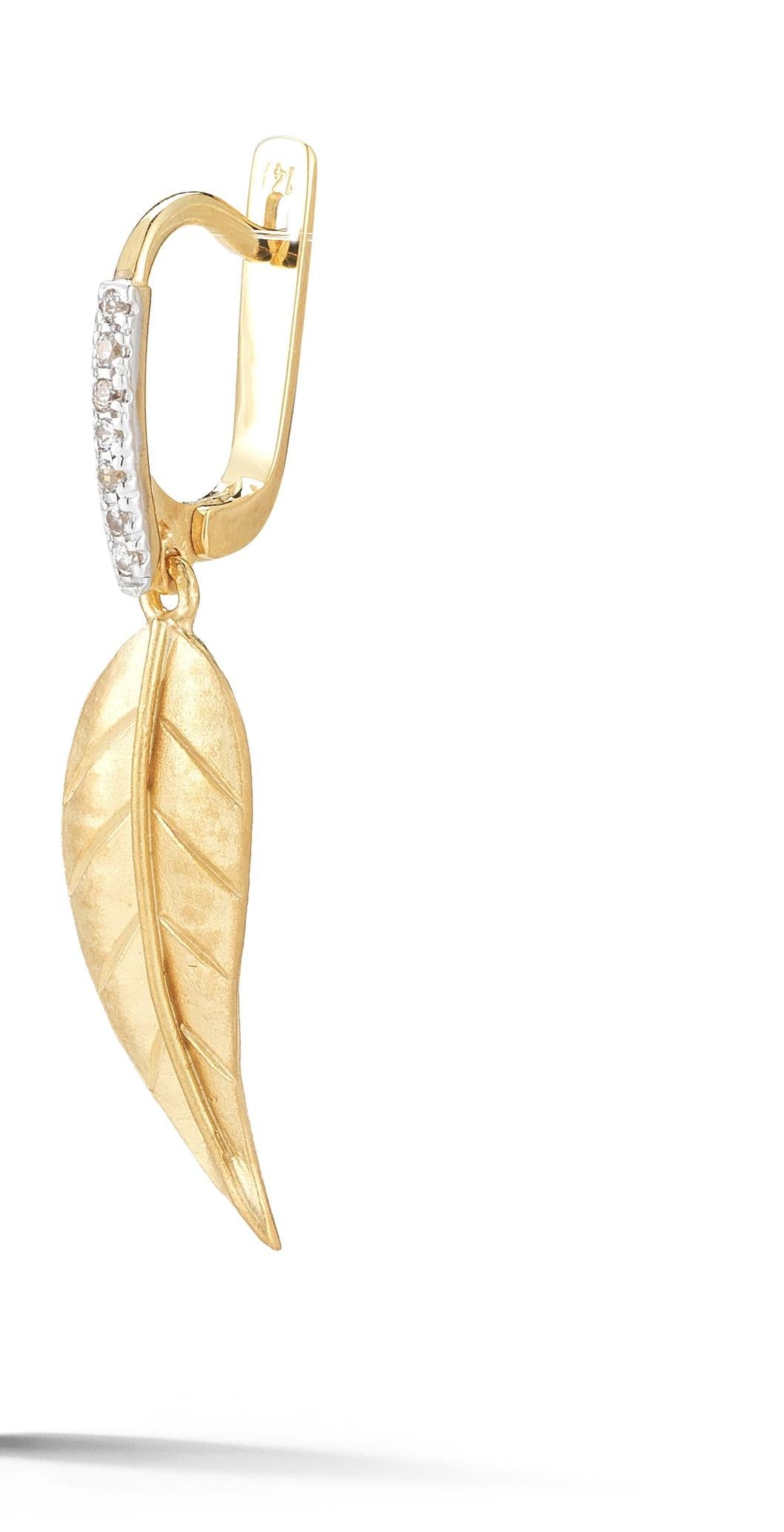 14 Karat Yellow Gold Hand-Crafted Matte-Finish Dangling Leaf Earrings on Lever-Back, Accented with 0.11 Carats of Pave Set Diamonds.
