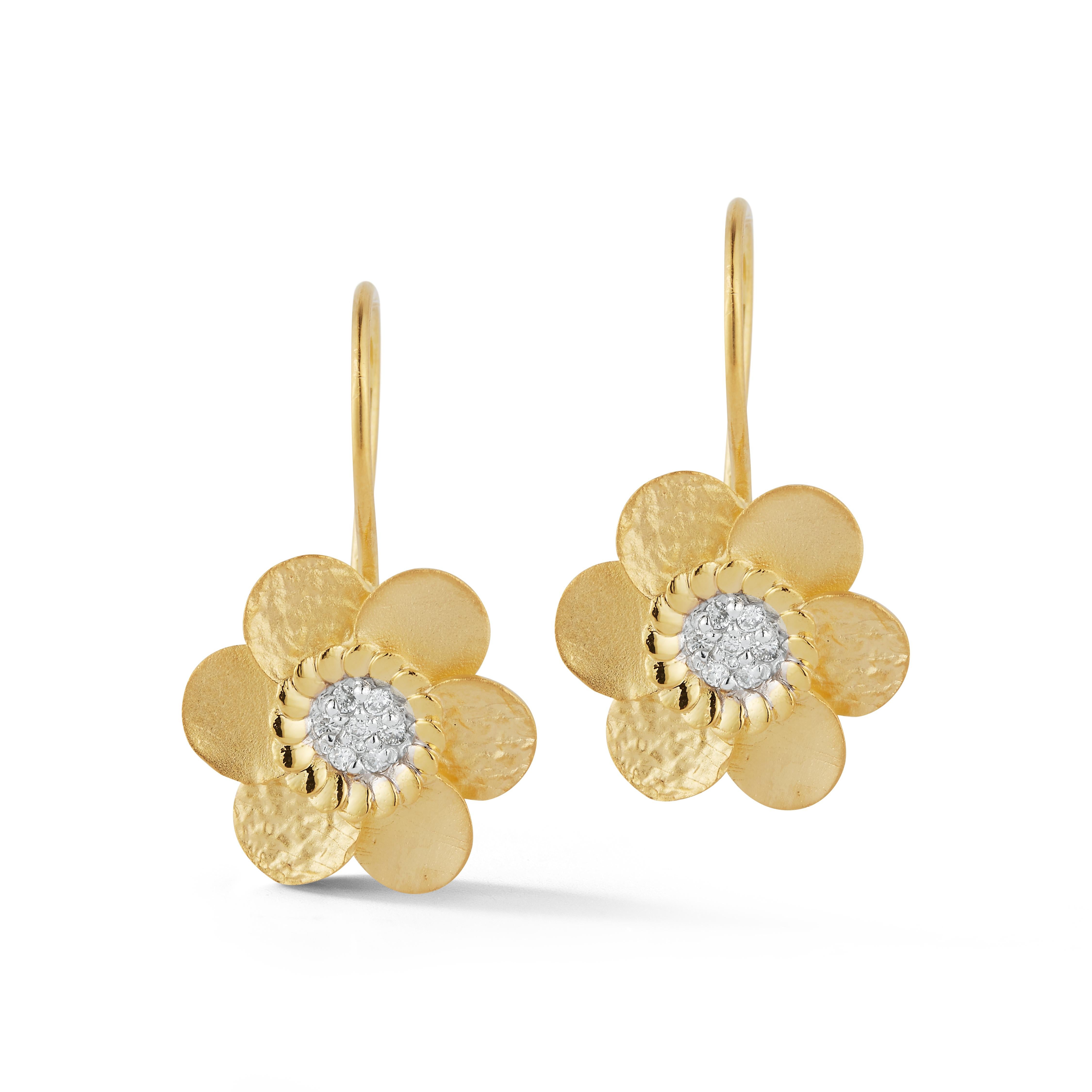 14 Karat Yellow Gold Hand-Crafted Mixed Polish, Matte And Hammer-Finished Daisy Earrings, Centered with 0.14 Carats of Pave Set Diamonds.
