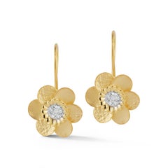 Handcrafted 14 Karat Yellow Gold Mixed Finish Daisy Earrings