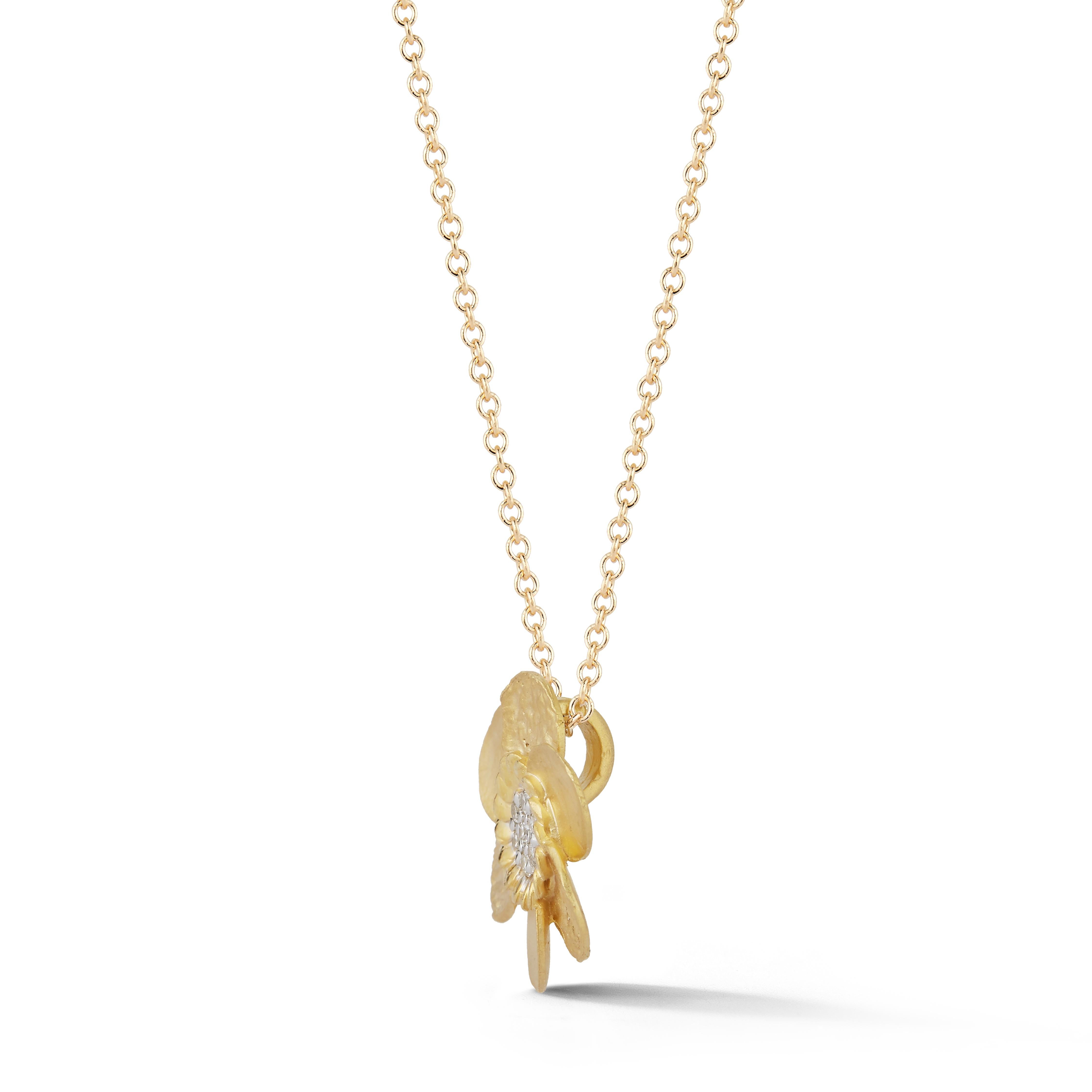 14 Karat Yellow Gold Hand-Crafted Mix Matte, Hammer, and Polish-Finished Daisy Pendant, Centered with 0.07 Carats of Pave Set Diamonds, Sliding on a 16