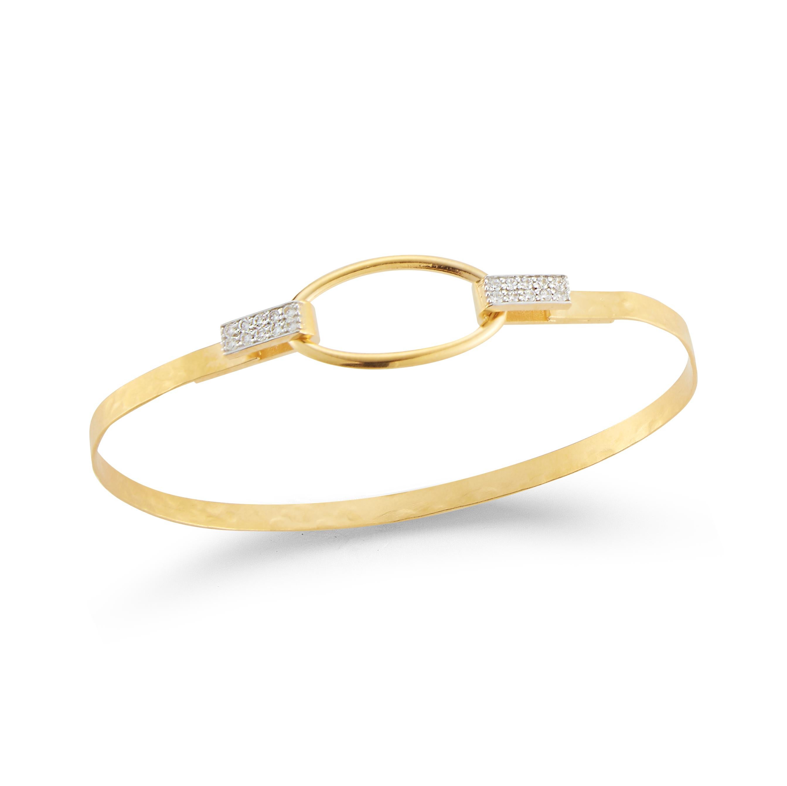 14 Karat Yellow Gold Hand-Crafted 4mm Mixed Hammer and Polish-Finished Open Oval Bangle Bracelet, Accented with 0.16 Carats of Pave Set Diamond Hinge Clasps.
