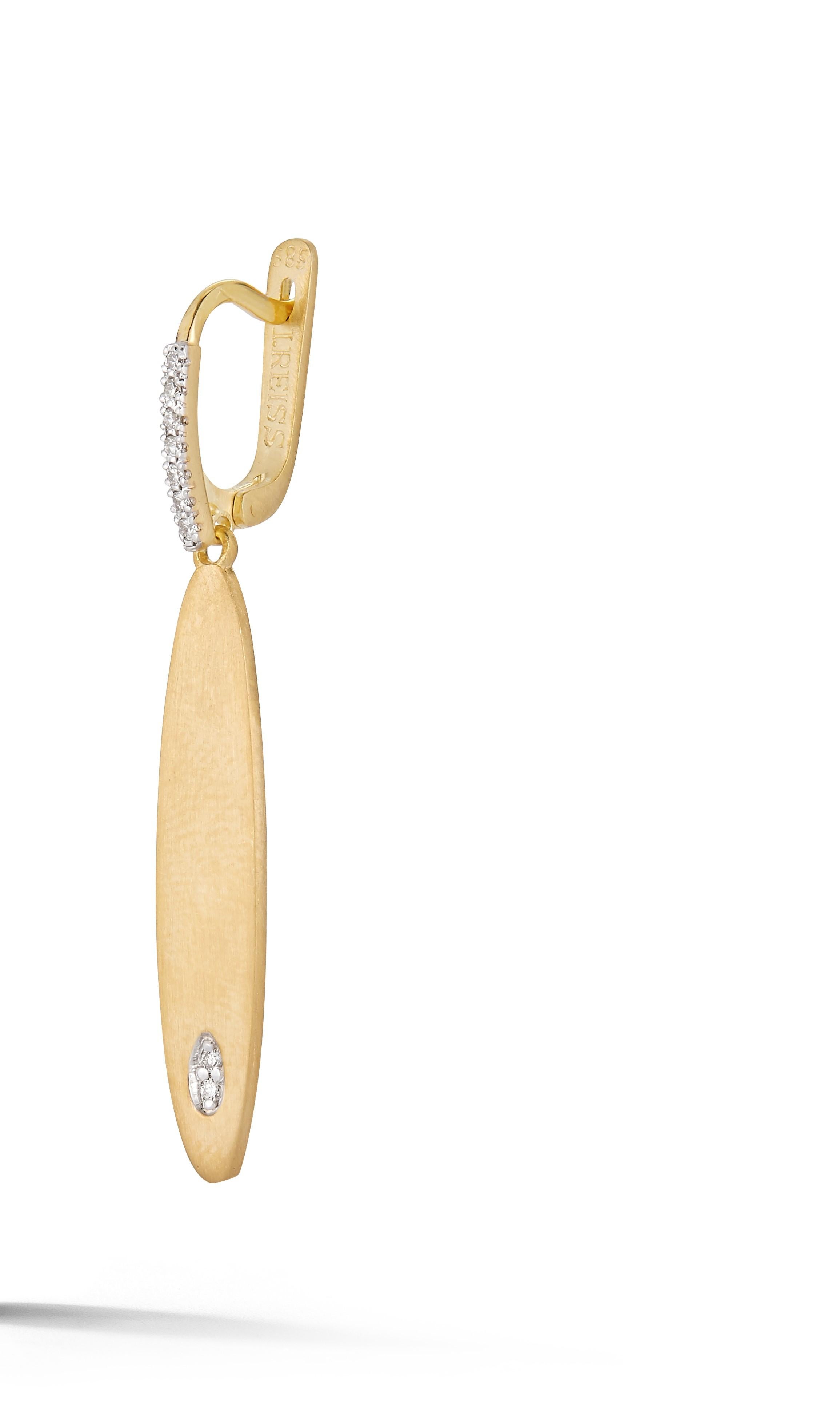 14 Karat Yellow Gold Hand-Crafted Satin-Finished Narrow Oval-Shaped Dangling Earrings, Accented with 0.13 Carat Diamonds, Set on a Leverback Closure.
