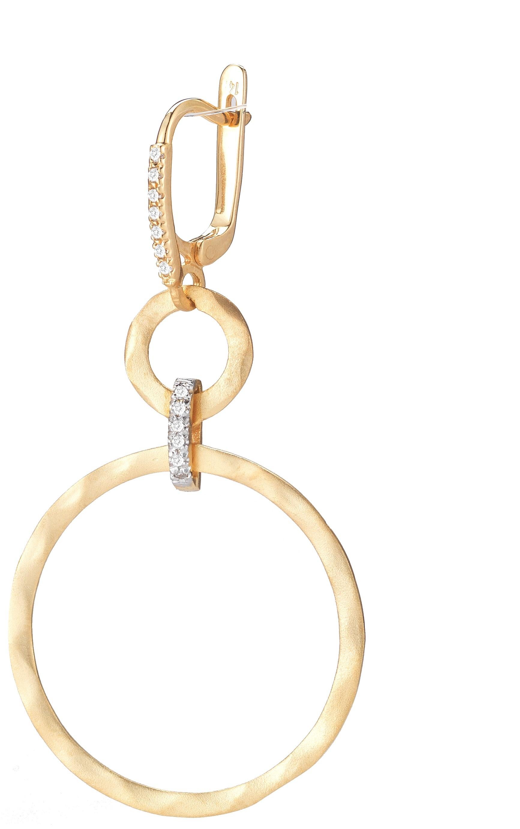 14 Karat Yellow Gold Hand-Crafted Matte and Hammer-Finished Open-Circle Drop Earrings, Accented with 0.18 Carats of Pave Set Diamonds and Lever Back Closures.
