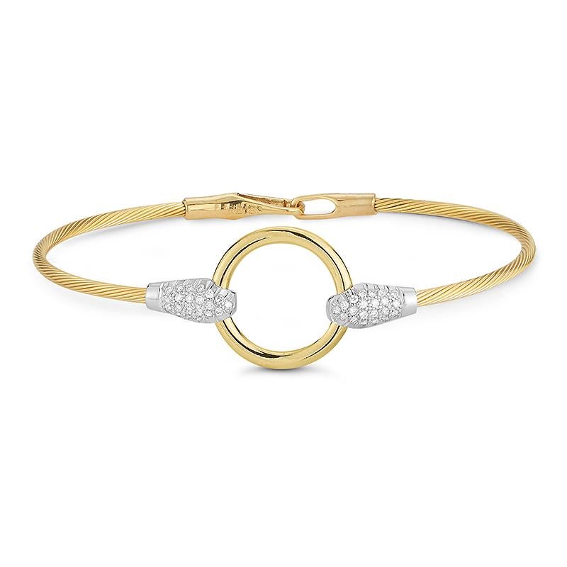 14 Karat Yellow Gold Hand-Crafted Polish-Finished Open Circle Wire Bracelet, Enhanced with 0.30 Carat Diamonds, Set with a Push-Lock Clasp. Diameter of Open Circle is 0.68