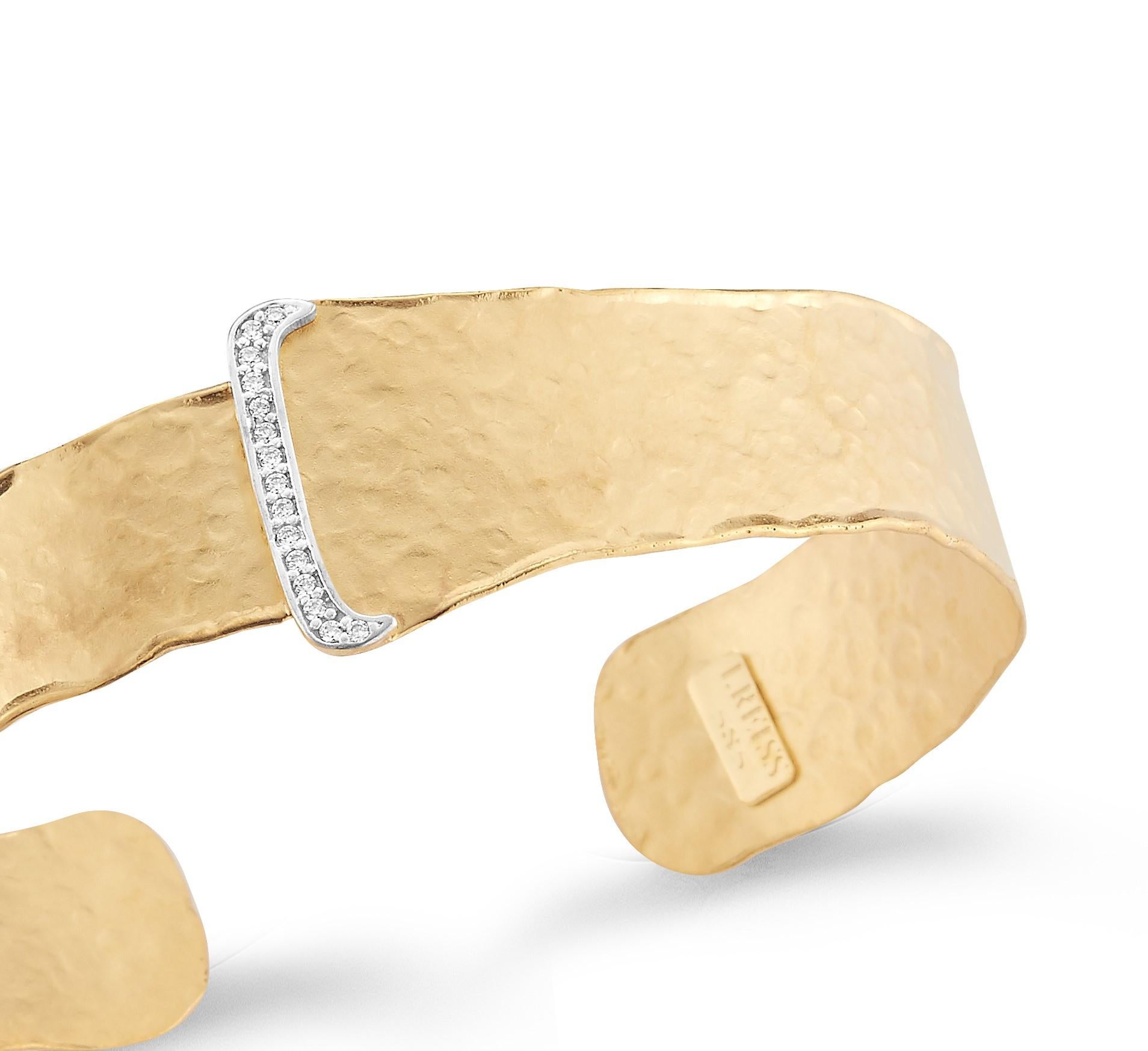 Round Cut Handcrafted 14 Karat Yellow Gold Open Cuff Bracelet For Sale