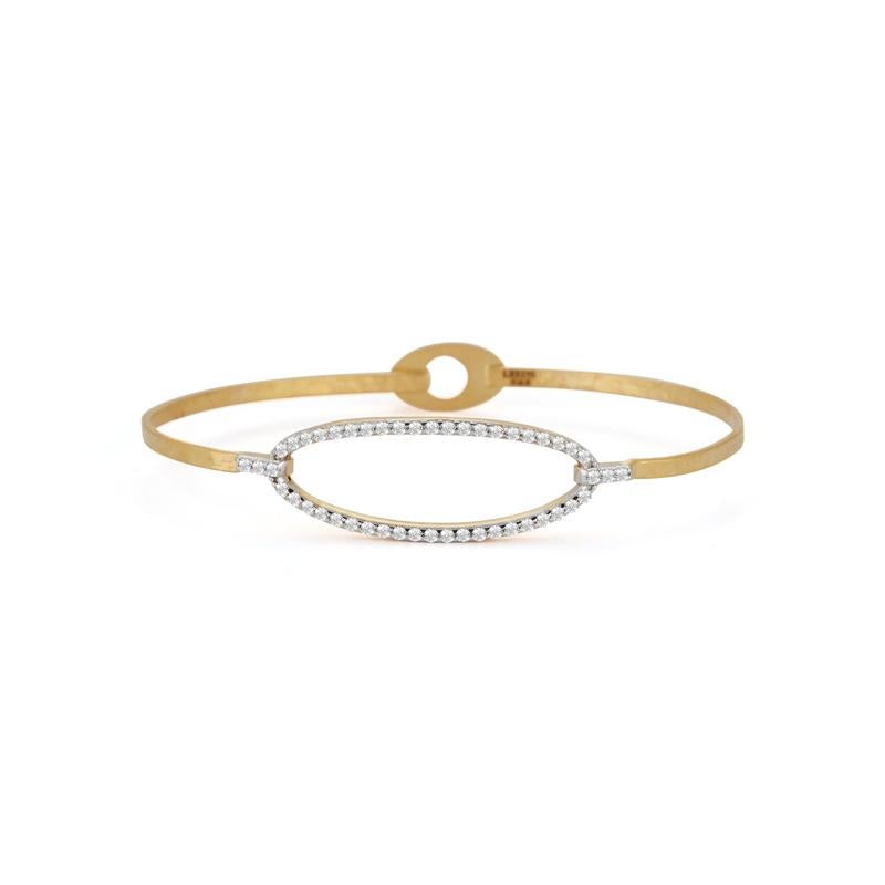 14 Karat Yellow Gold Hand-Crafted 2mm Mixed Hammer and Polish-Finished Hinge Clasp Bangle Bracelet, Accented with 0.74 Carats of a Pave Set Open Oval Diamond Motif.  
