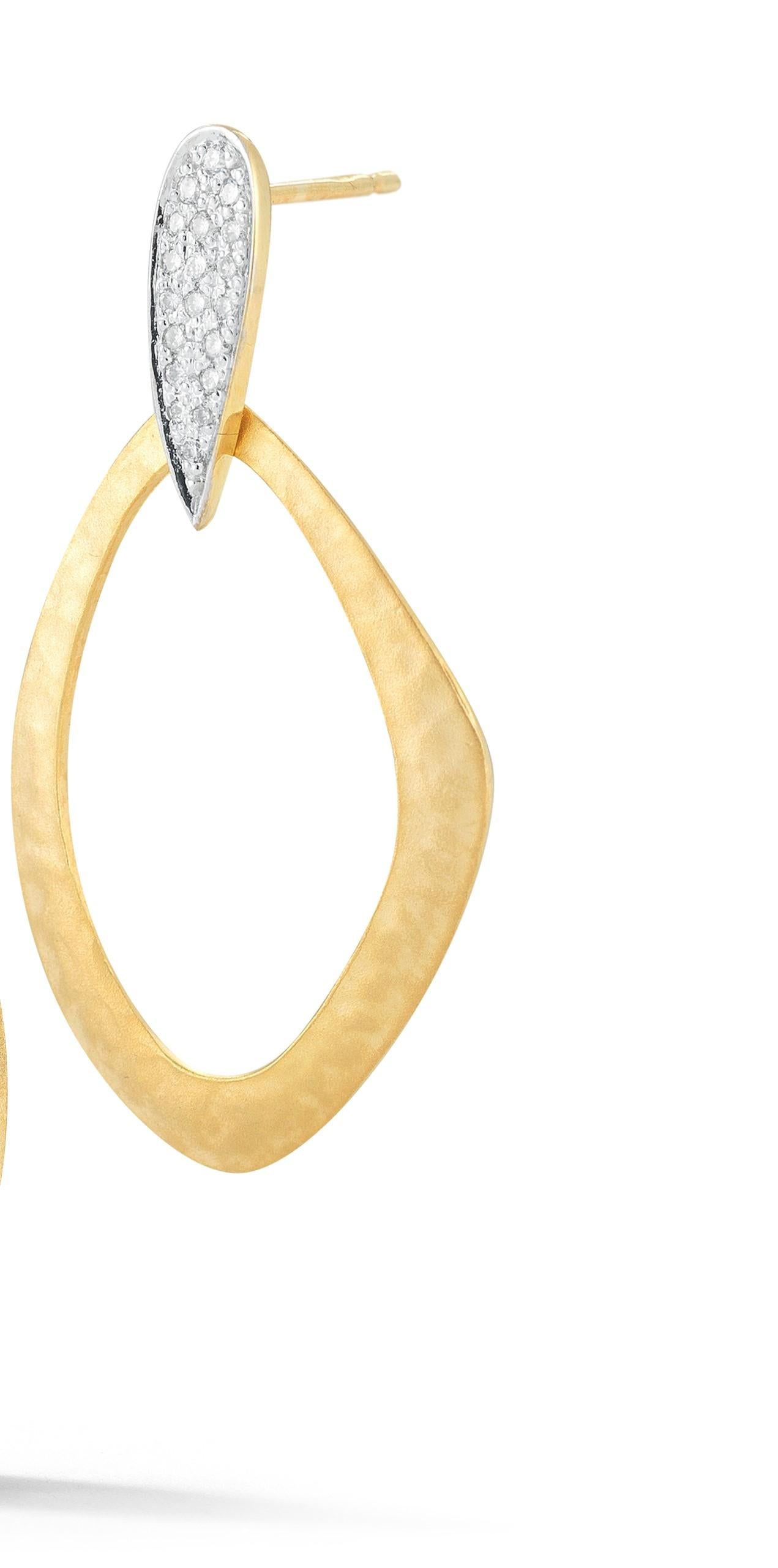14 Karat Yellow Gold Hand-Crafted Matte and Hammer-Finished Open-Form Dangling Earrings, Accented with 0.30 Carats of Pave Set Diamonds.
