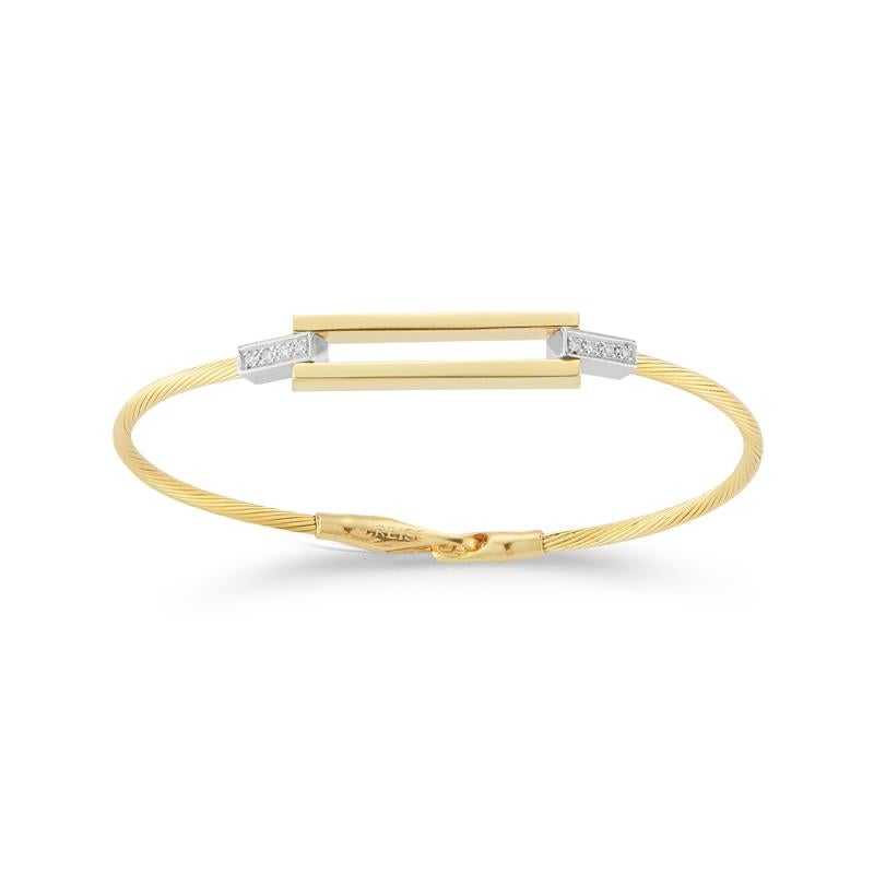 14 Karat Yellow Gold Hand-Crafted Polish-Finished Open Rectangle Wire Bracelet, Enhanced with 0.07 Carat Pave Diamonds Set with a Push Lock.
