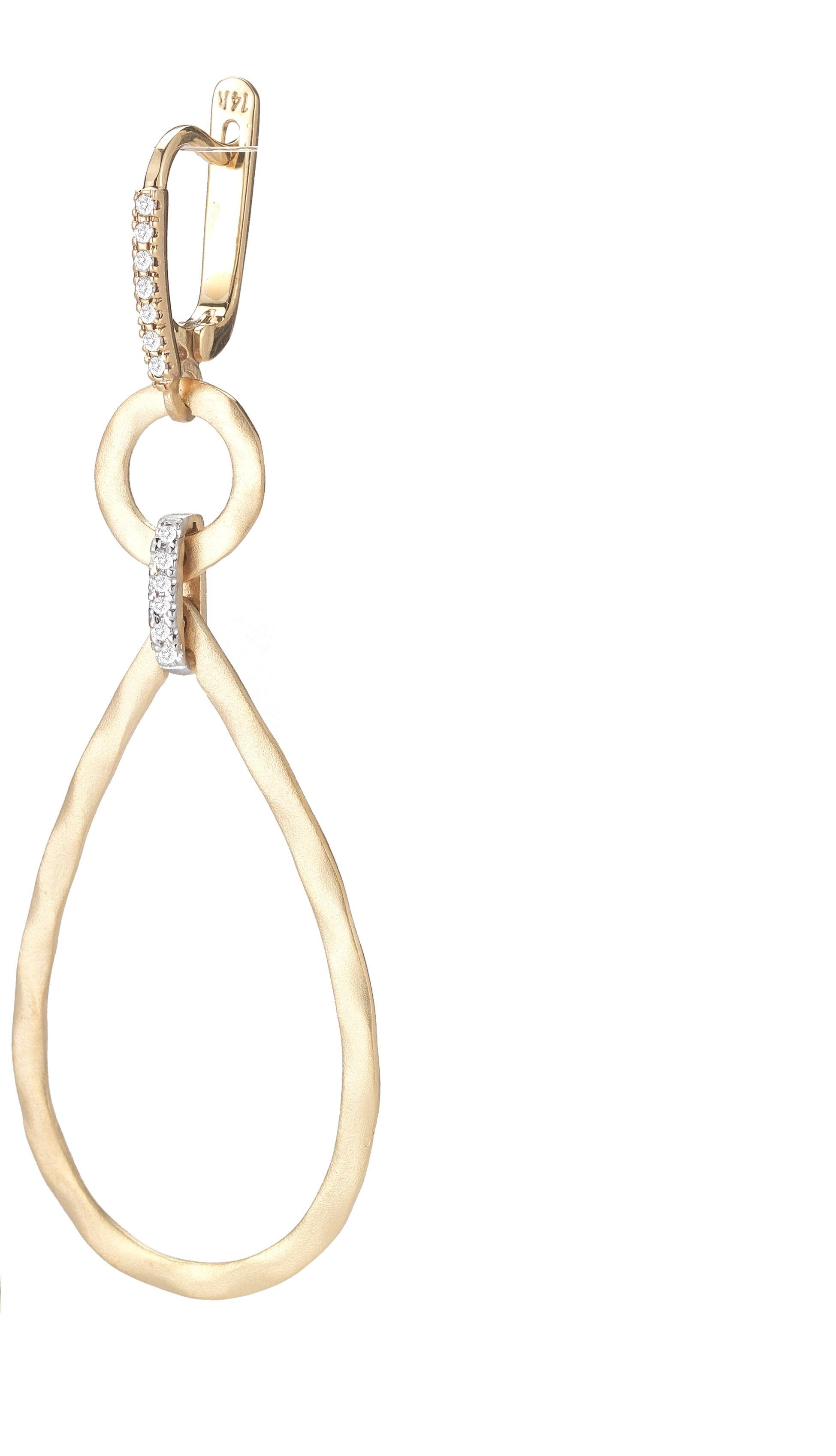 14 Karat Yellow Gold Hand-Crafted Matte and Hammer-Finished Open-Circle Tear-Drop Dangling Earrings, Accented with 0.18 Carats of Pave Set Diamonds and Lever Back Closures.
