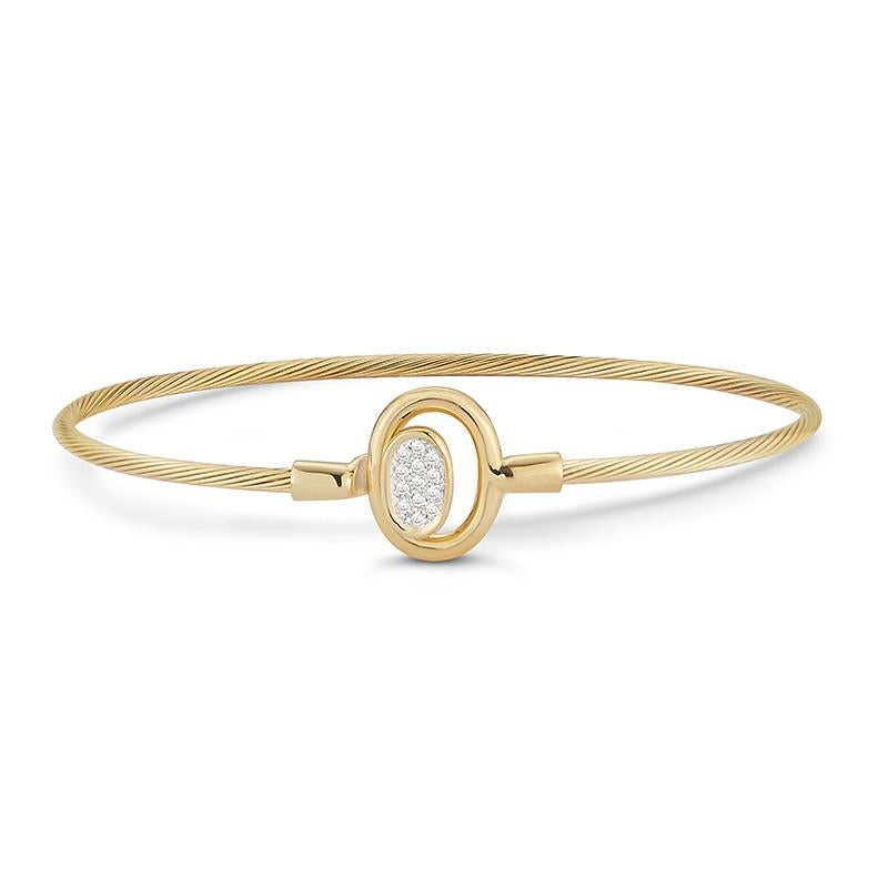 14 Karat Yellow Gold Hand-Crafted High Polish-Finished Oval Motif Wire Bangle, Enhanced with 0.10 Carat Diamonds and Set with a Button Clasp.
