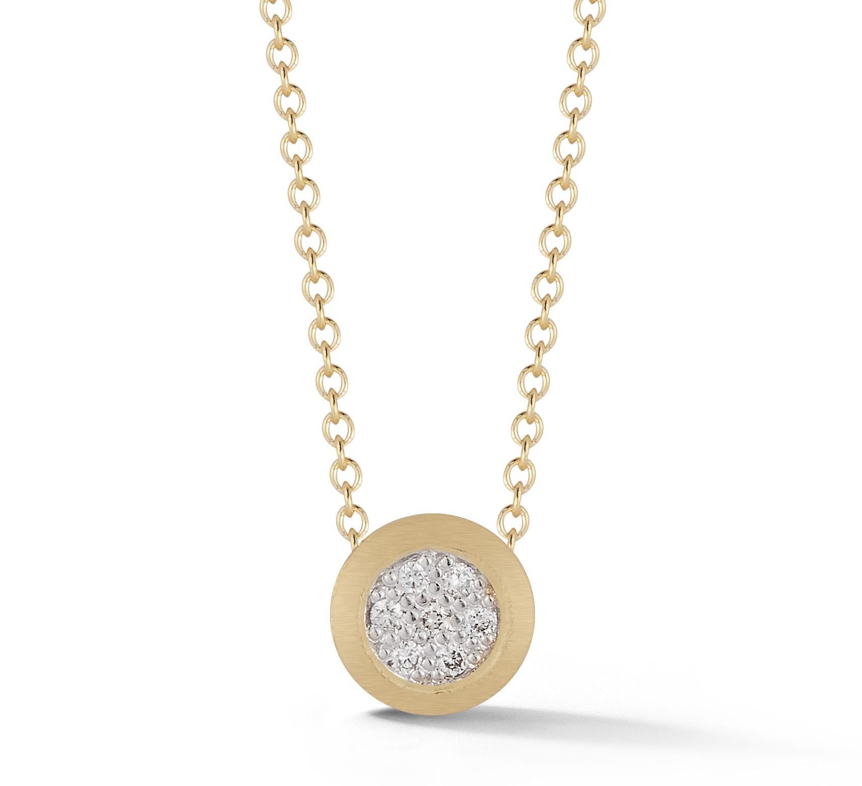 14 Karat Yellow Gold Hand-Crafted Matte-Finished 7.3mm Round Pendant, Centered with 0.06 Carats of Pave Set Diamonds.
