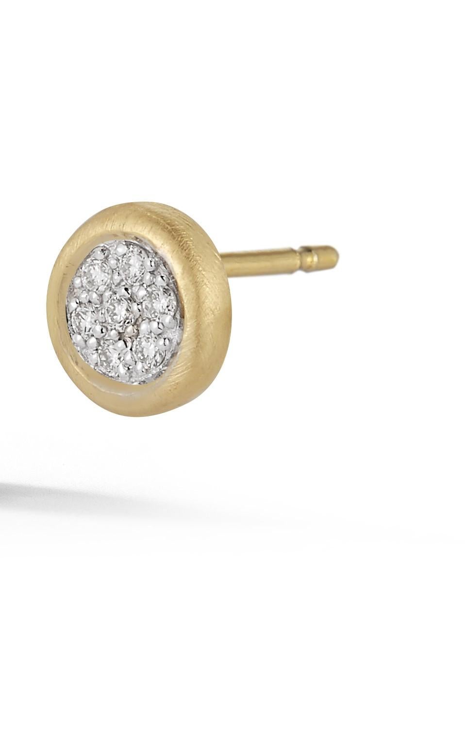 14 Karat Yellow Gold Hand-Crafted Satin-Finished Round Stud Earrings, Centered with 0.10 Carats of Pave Set Diamonds and Designed with Post-with-Friction Closures.
