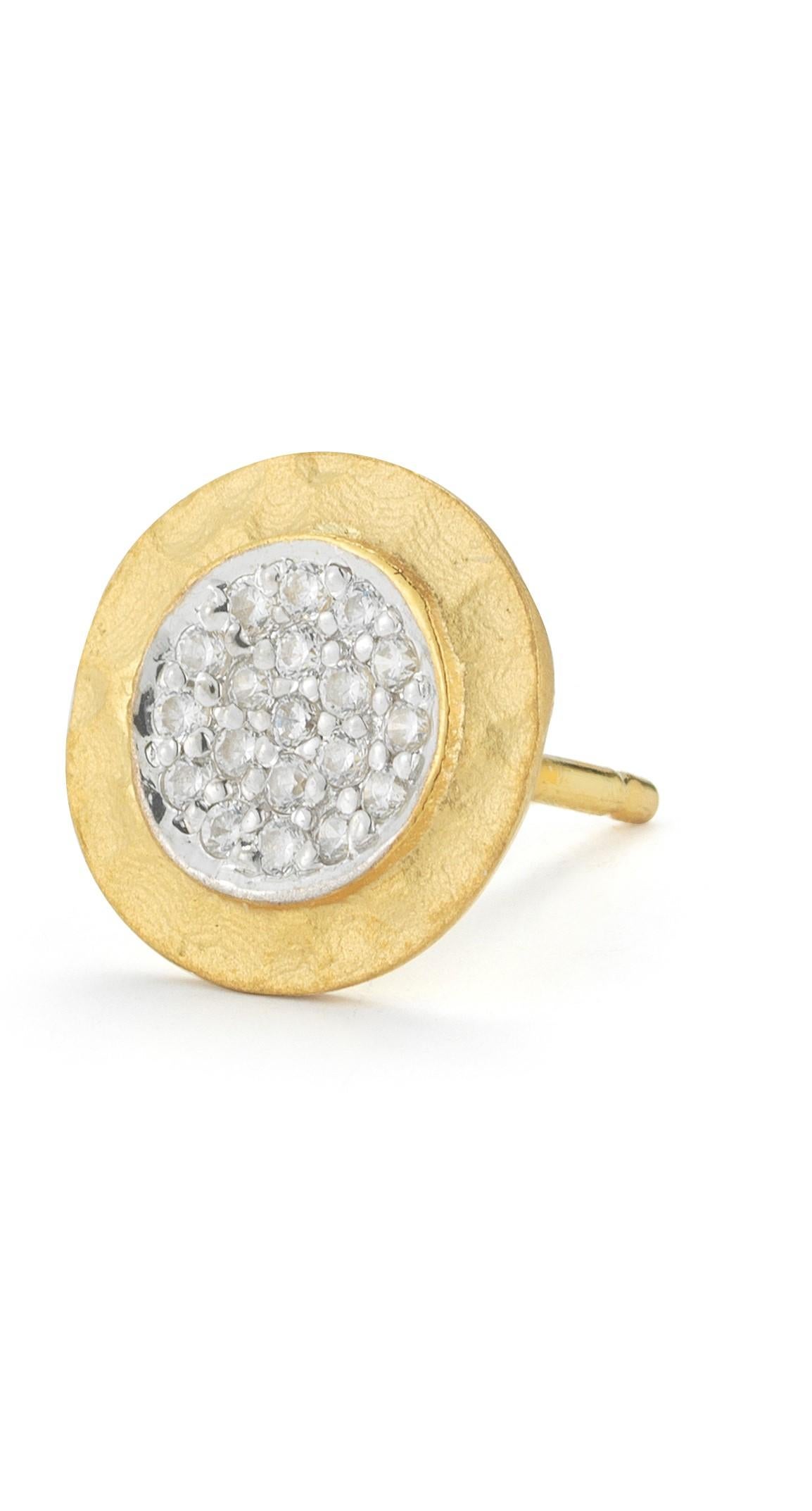 14 Karat Yellow Gold Hand-Crafted Matte and Hammer-Finished Round Stud Earrings, Centered with 0.19 Carats of Pave Set Diamonds.
