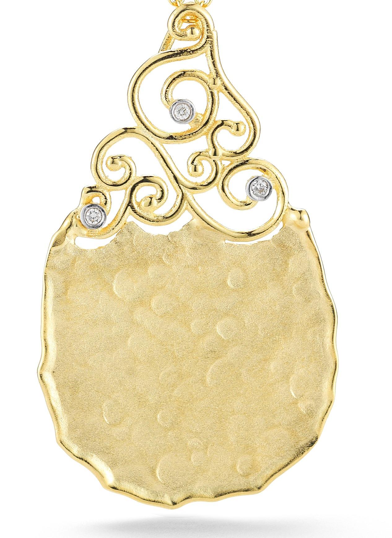 14 Karat Yellow Gold Hand-Crafted Matte And Hammered-Finished Scallop-Edged Filigree Tear-Drop Shaped Pendant, Accented with 0.022 Carats of Bezel Set Diamonds, Sliding on a 16
