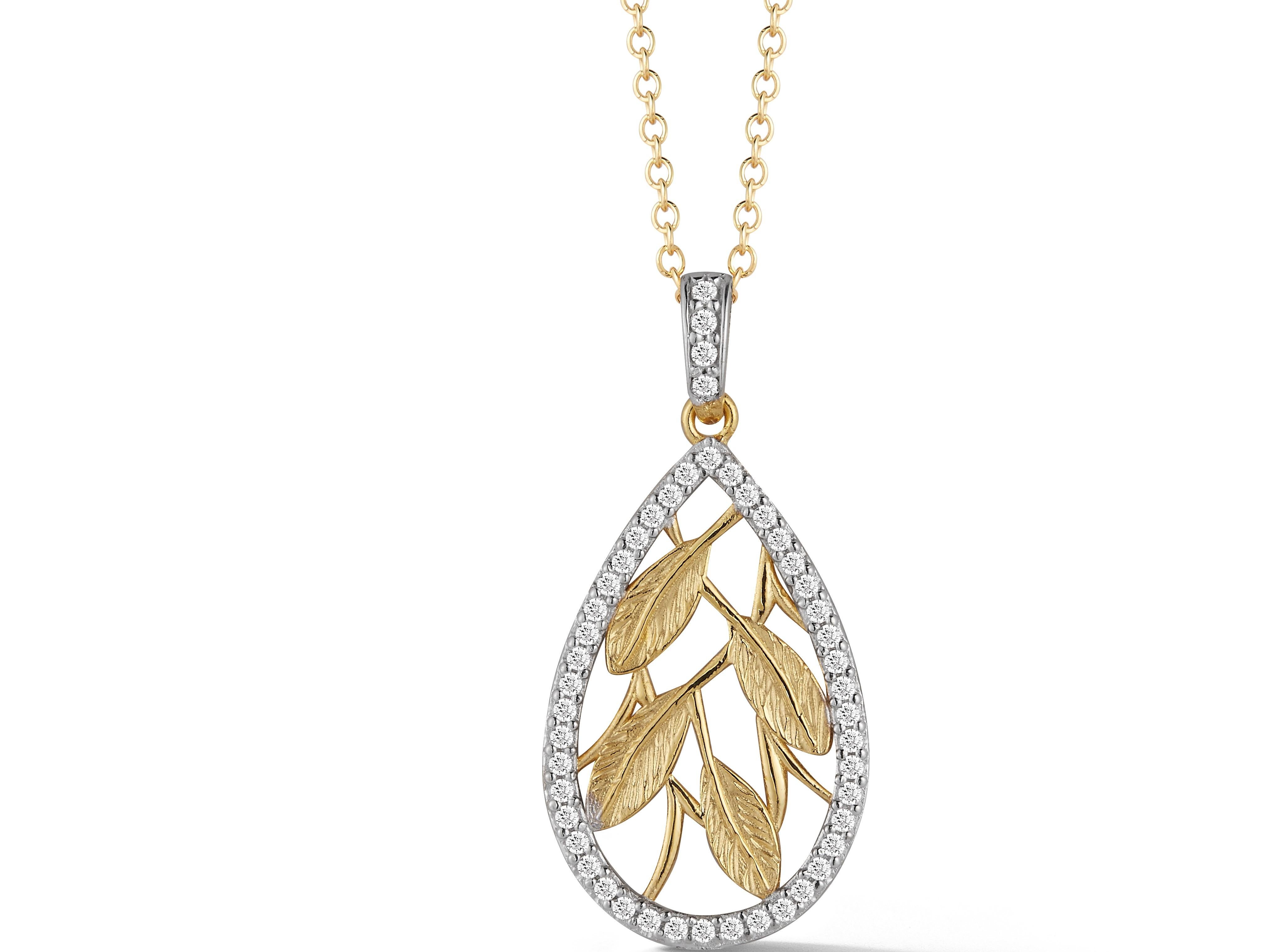 14 Karat Yellow Gold Hand-Crafted Polish and Texture-Finished Tear-Drop Pendant, Centered with a Vine Leaf Design, and Surrounded by 0.25 Carats Sliding on a 16