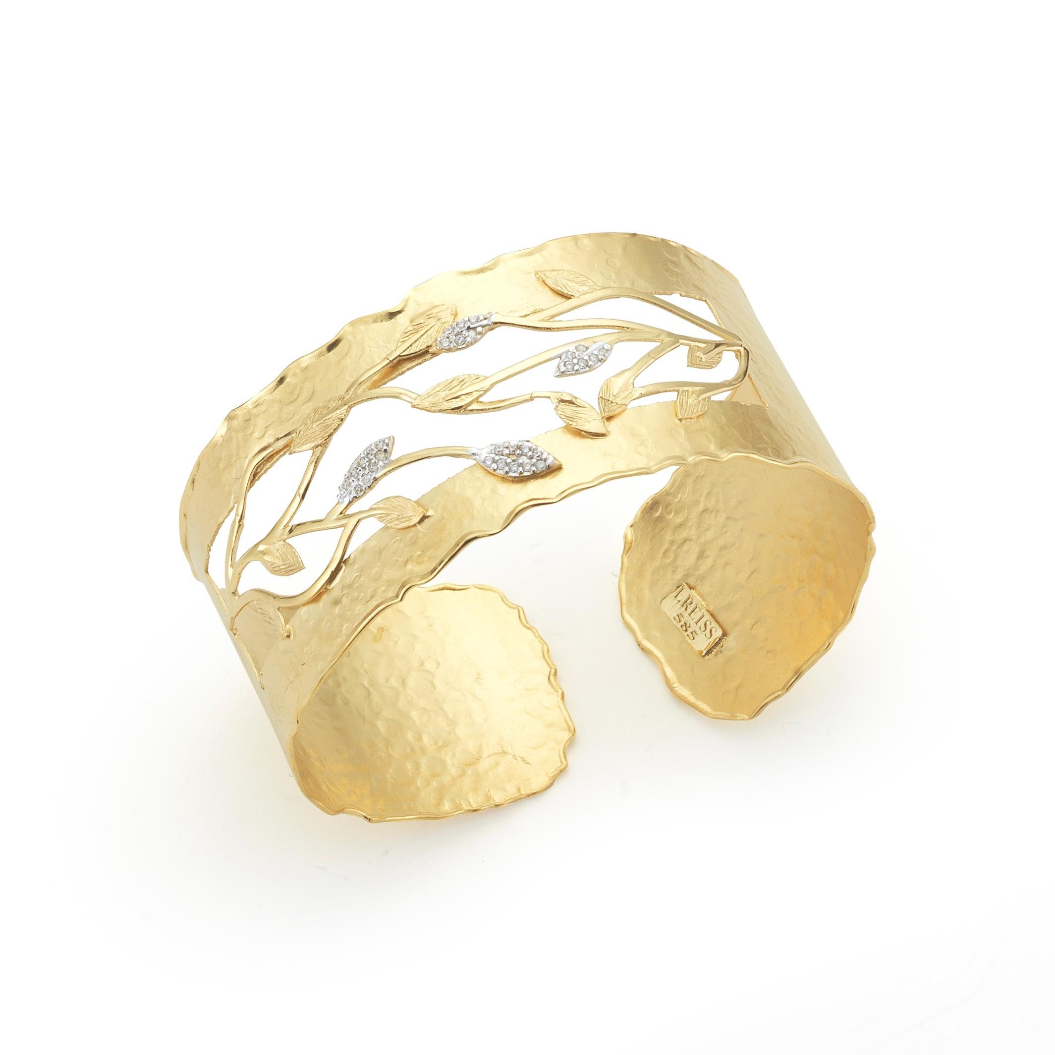 14 Karat Yellow Gold Hand-Crafted Scallop-Edged Matte and Hammer-Finished Vine Leaf Open Cuff Bracelet, Enhanced with 0.18 Carats of Textured Diamond Leaves.
